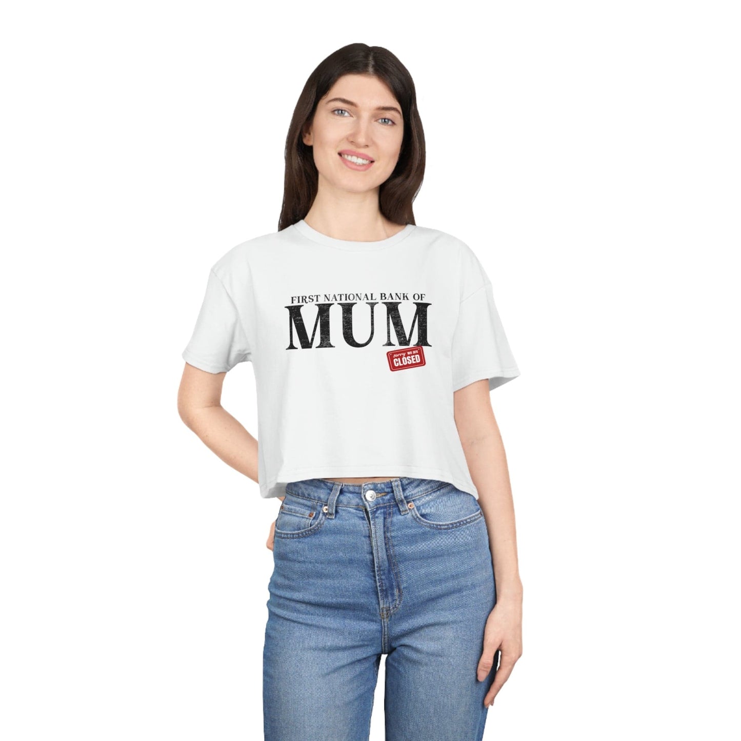 Bank Of Mum Crop Tee Graphic Tees Australia White / XS Graphic T-Shirt Australia -  Cool Graphic T-Shirts Online -  Bank Of Mum Crop Tee | Graphic Crop T-Shirts Australia