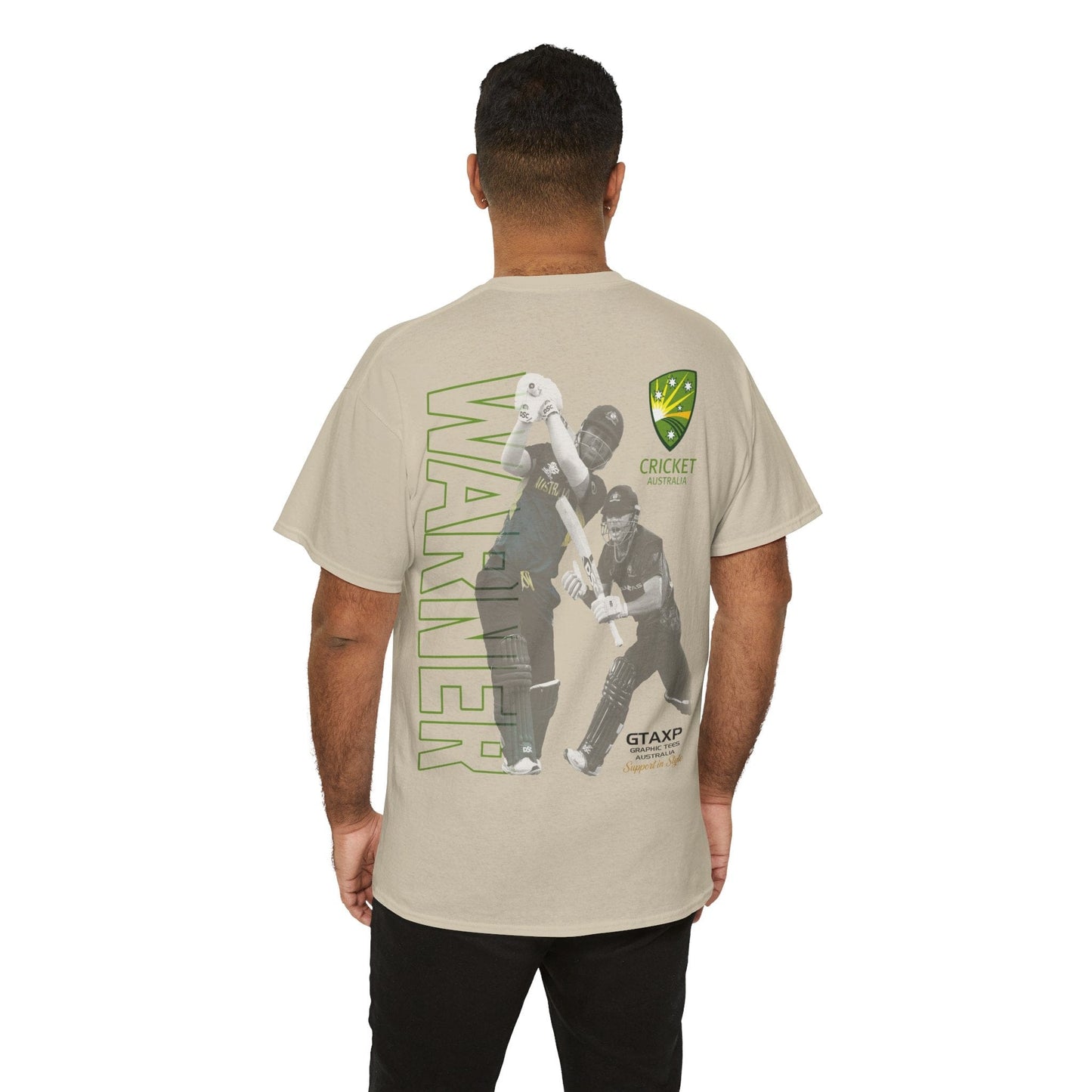 David Warner T20 World Cup Graphic Tee Graphic Tees Australia Sand / S Graphic T-Shirt Australia -  Cool Graphic T-Shirts Online -  David Warner T20 World Cup T-Shirt | Cricket Merch Australia