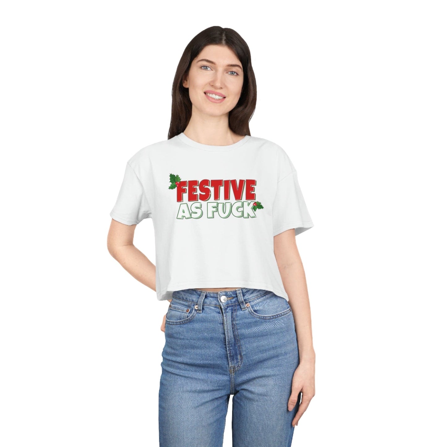 Festive As Fuck Crop Tee Graphic Tees Australia White / XS Graphic T-Shirt Australia -  Cool Graphic T-Shirts Online -  Festive As Fuck Crop Tee | Womens Christmas T-Shirts Australia