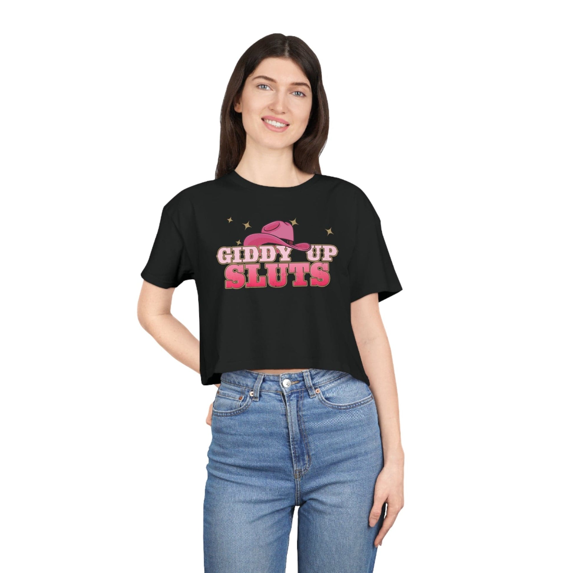 Giddy Up Sluts Crop Tee Graphic Tees Australia Black / XS Graphic T-Shirt Australia -  Cool Graphic T-Shirts Online -  Giddy Up Sluts Crop Tee | Womens Graphic T-Shirts Australia