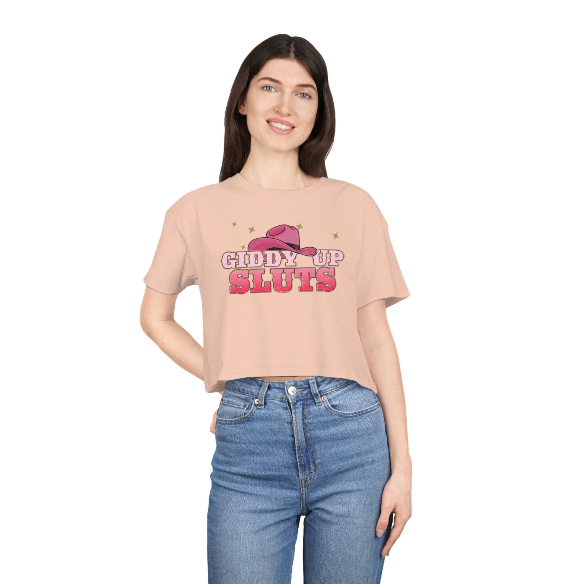 Giddy Up Sluts Crop Tee Graphic Tees Australia Pale Pink / XS Graphic T-Shirt Australia -  Cool Graphic T-Shirts Online -  Giddy Up Sluts Crop Tee | Womens Graphic T-Shirts Australia