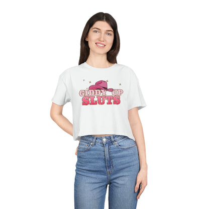 Giddy Up Sluts Crop Tee Graphic Tees Australia White / XS Graphic T-Shirt Australia -  Cool Graphic T-Shirts Online -  Giddy Up Sluts Crop Tee | Womens Graphic T-Shirts Australia