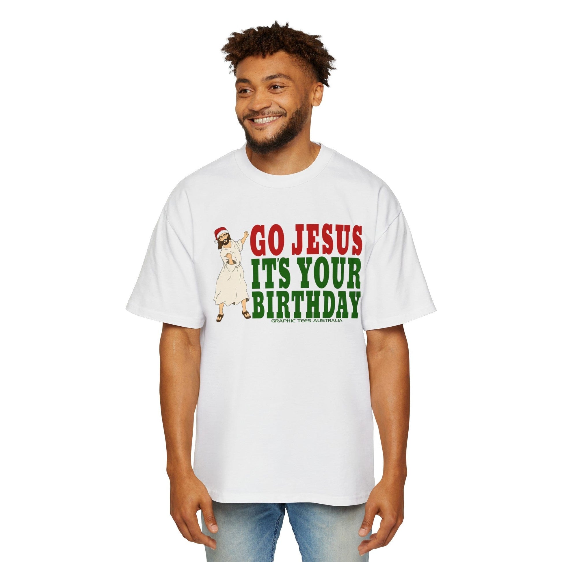 Go Jesus Its Your Birthday Oversized Tee Printify White / S Graphic T-Shirt Australia -  Cool Graphic T-Shirts Online - 