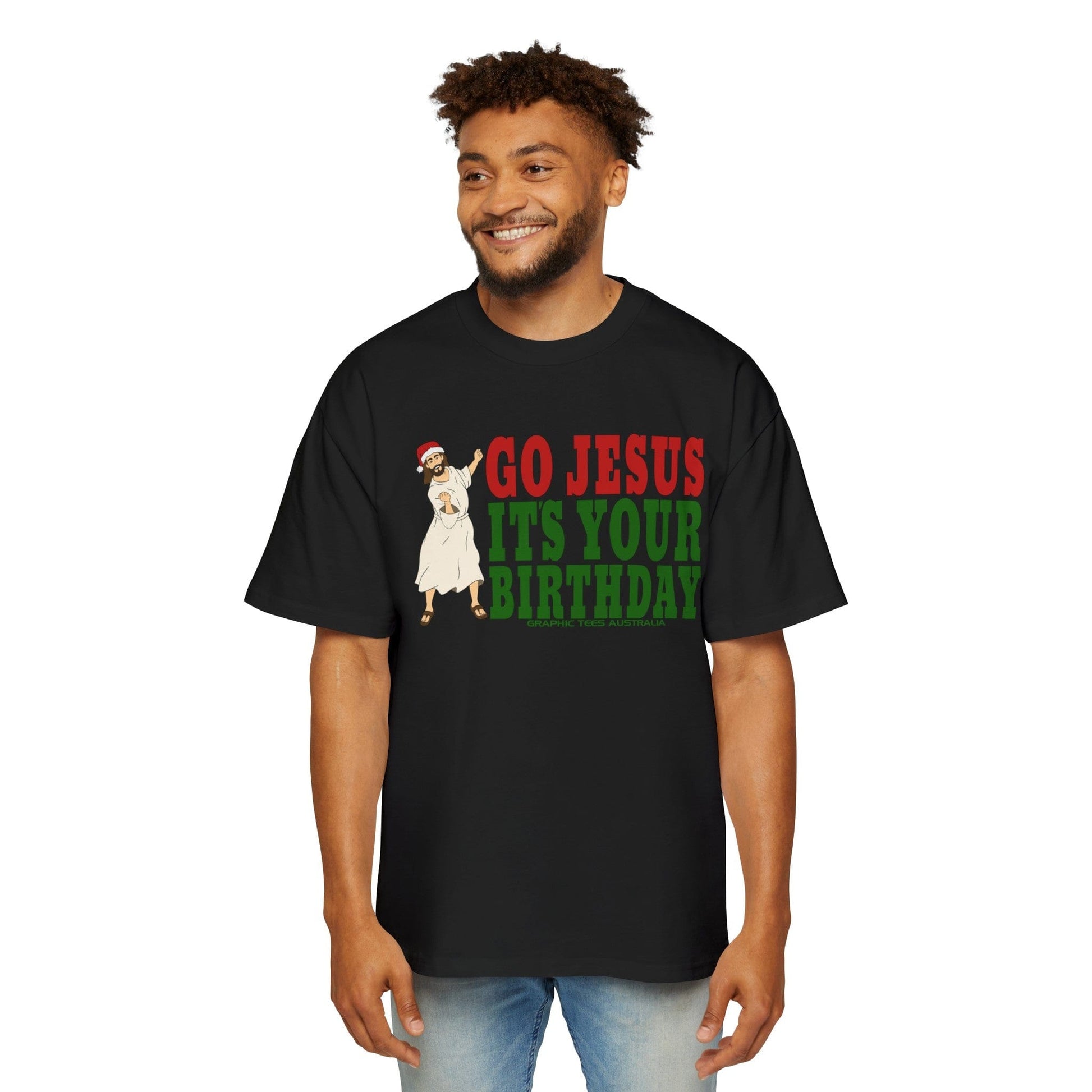 Go Jesus Its Your Birthday Oversized Tee Printify Black / S Graphic T-Shirt Australia -  Cool Graphic T-Shirts Online - 