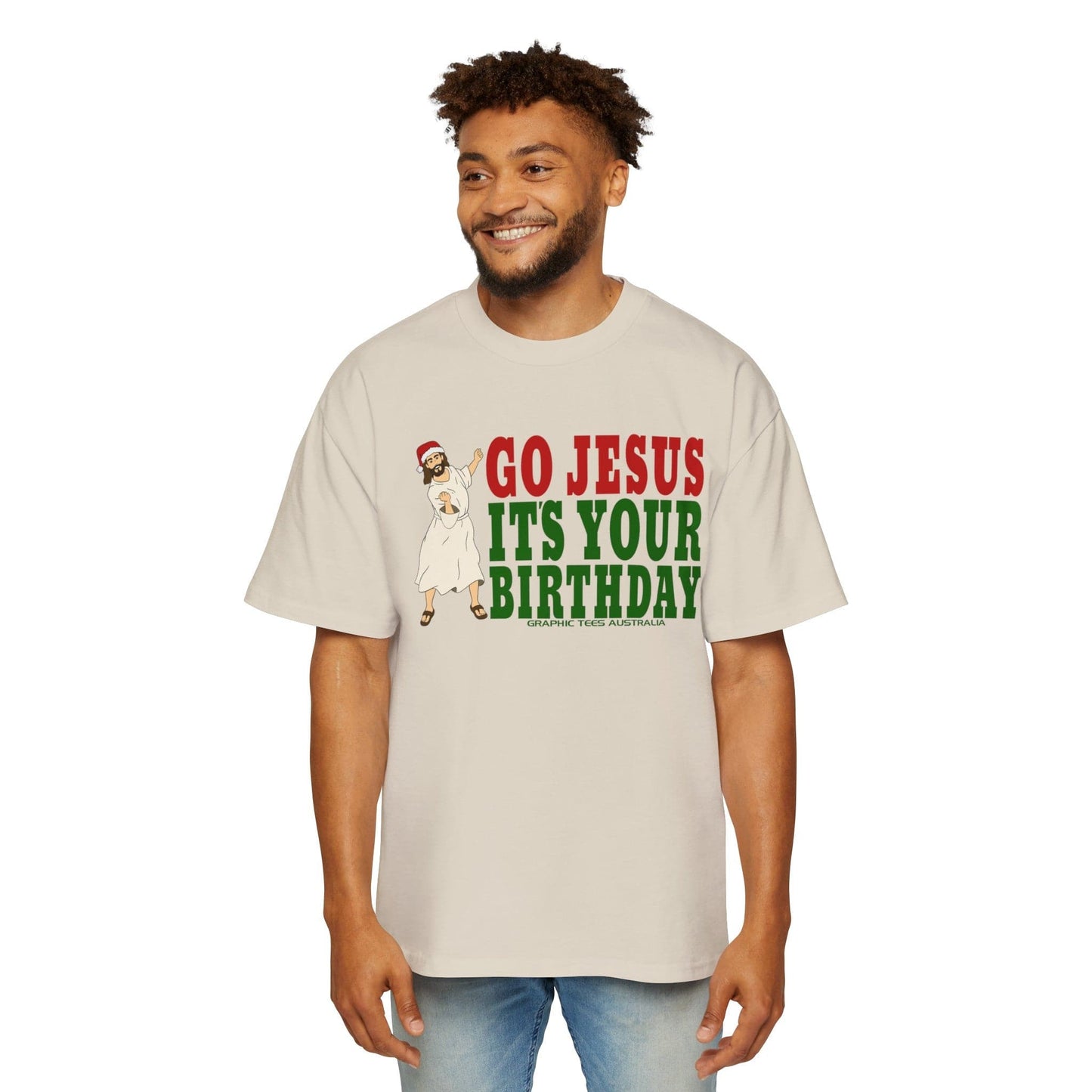 Go Jesus Its Your Birthday Oversized Tee Printify Ecru / S Graphic T-Shirt Australia -  Cool Graphic T-Shirts Online - 