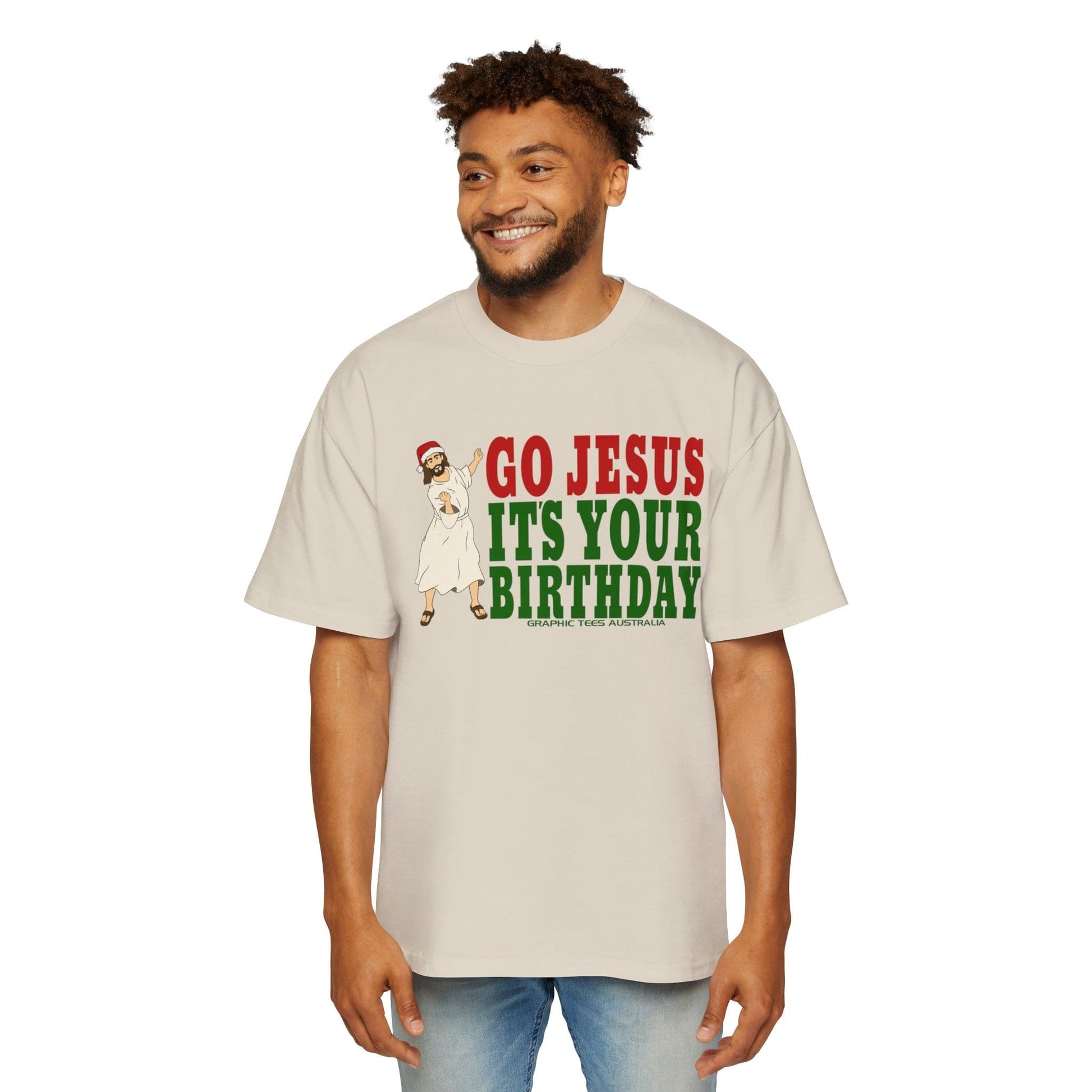 Go Jesus Its Your Birthday Oversized Tee Printify Ecru / S Graphic T-Shirt Australia -  Cool Graphic T-Shirts Online - 