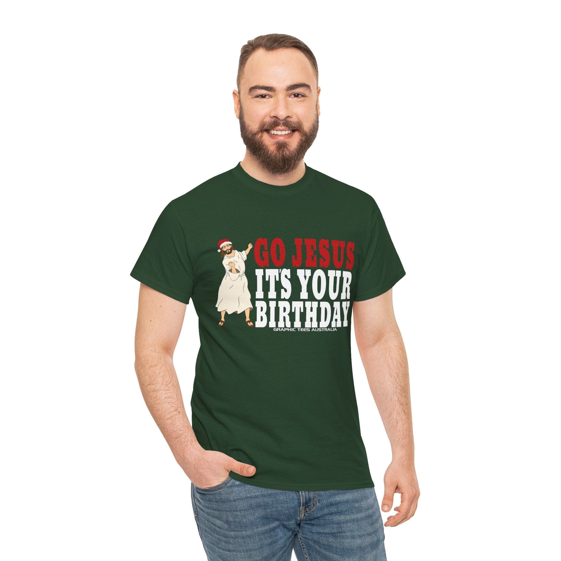 Go Jesus Its Your Birthday Tshirt Printify Forest Green / S Graphic T-Shirt Australia -  Cool Graphic T-Shirts Online - 