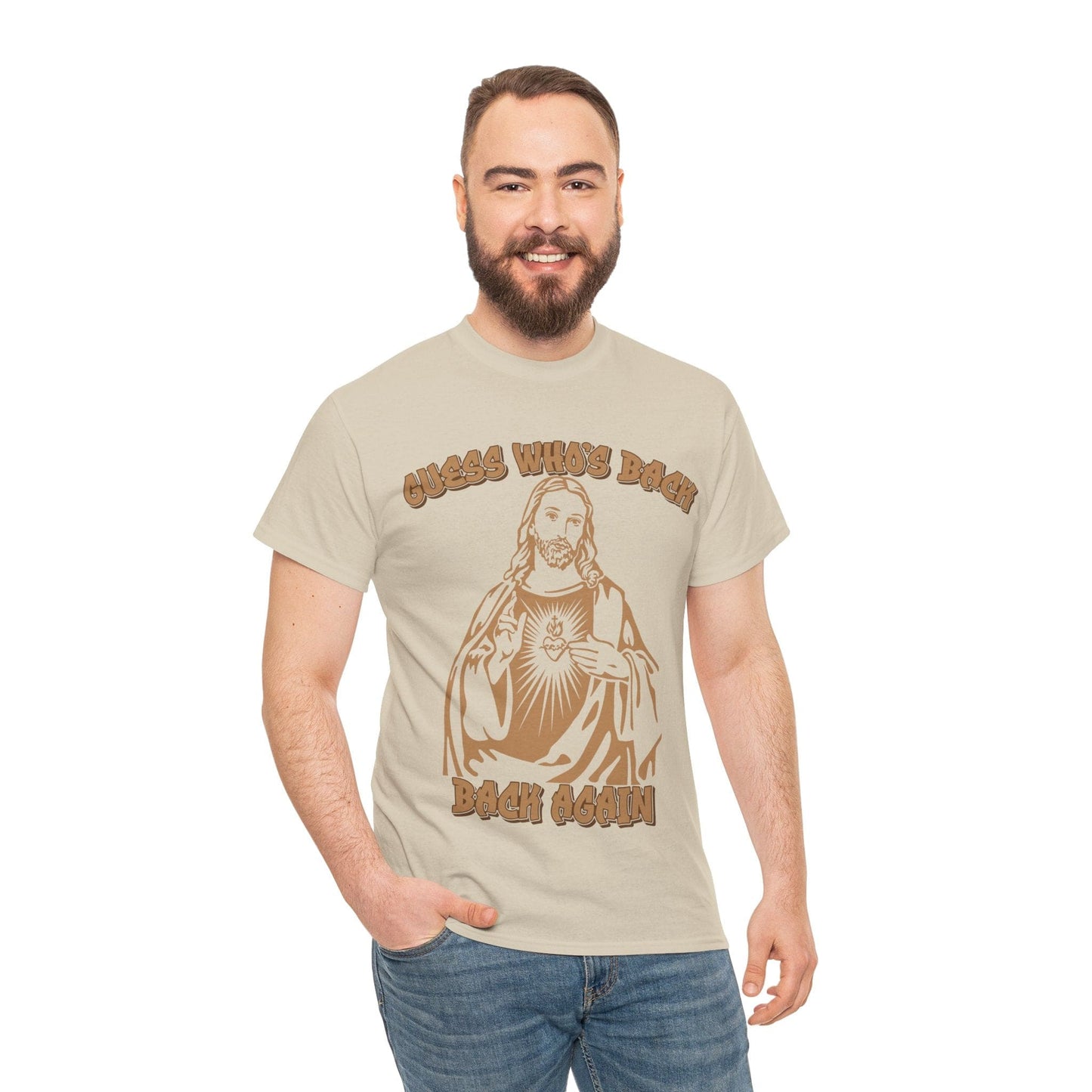 Guess Whos Back Jesus Graphic Tee Graphic Tees Australia Sand / S Graphic T-Shirt Australia -  Cool Graphic T-Shirts Online -  Guess Whos Back Jesus T-Shirt | Funny T-Shirts Australia