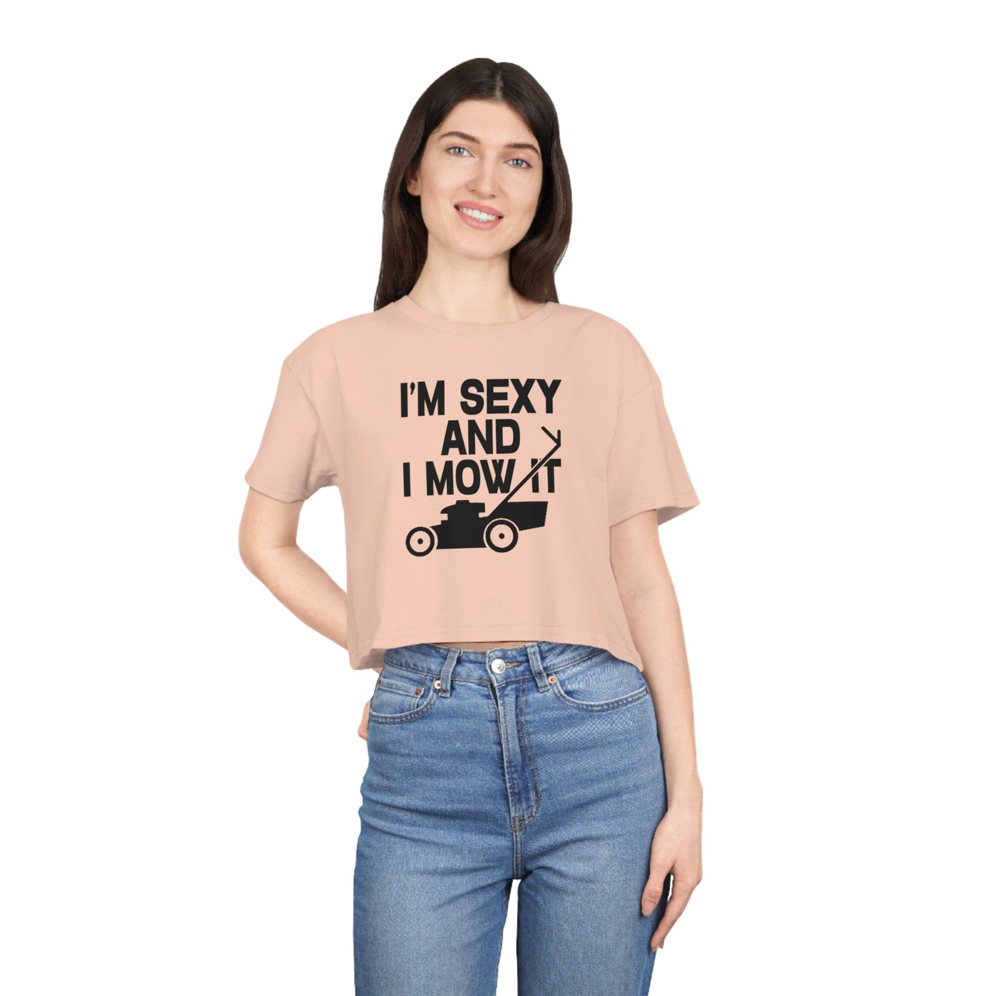 I'm Sexy And I Mow It Crop Tee Graphic Tees Australia Pale Pink / XS Graphic T-Shirt Australia -  Cool Graphic T-Shirts Online - 