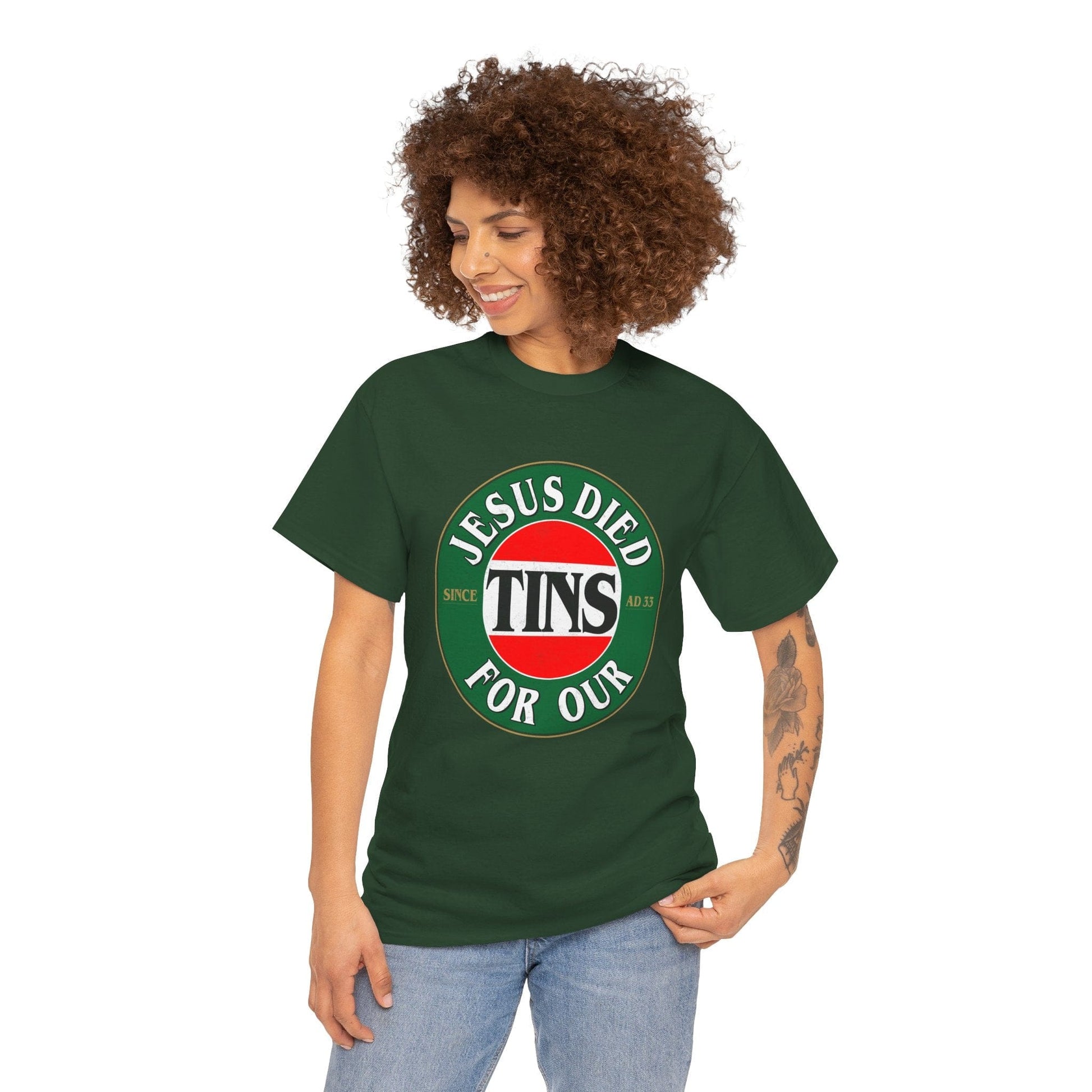 Jesus Died For Our Tins Graphic Tee Graphic Tees Australia Graphic T-Shirt Australia -  Cool Graphic T-Shirts Online -  Jesus Died For Our Tins T-Shirt | Funny Graphic T-Shirts Australia