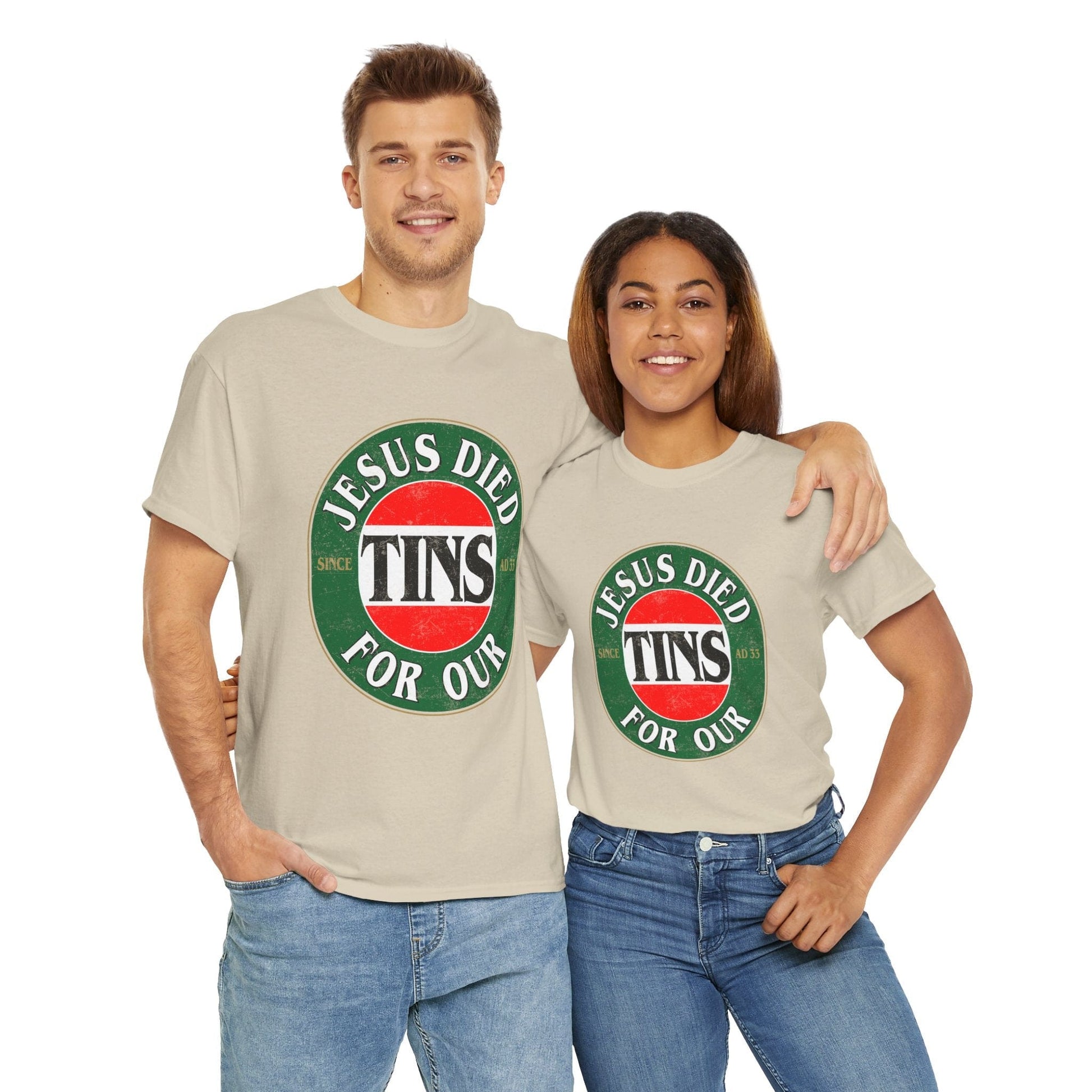 Jesus Died For Our Tins Graphic Tee Graphic Tees Australia Graphic T-Shirt Australia -  Cool Graphic T-Shirts Online -  Jesus Died For Our Tins T-Shirt | Funny Graphic T-Shirts Australia