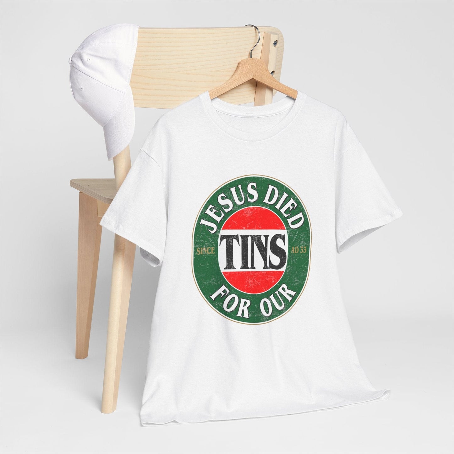 Jesus Died For Our Tins Graphic Tee Graphic Tees Australia Graphic T-Shirt Australia -  Cool Graphic T-Shirts Online -  Jesus Died For Our Tins T-Shirt | Funny Graphic T-Shirts Australia