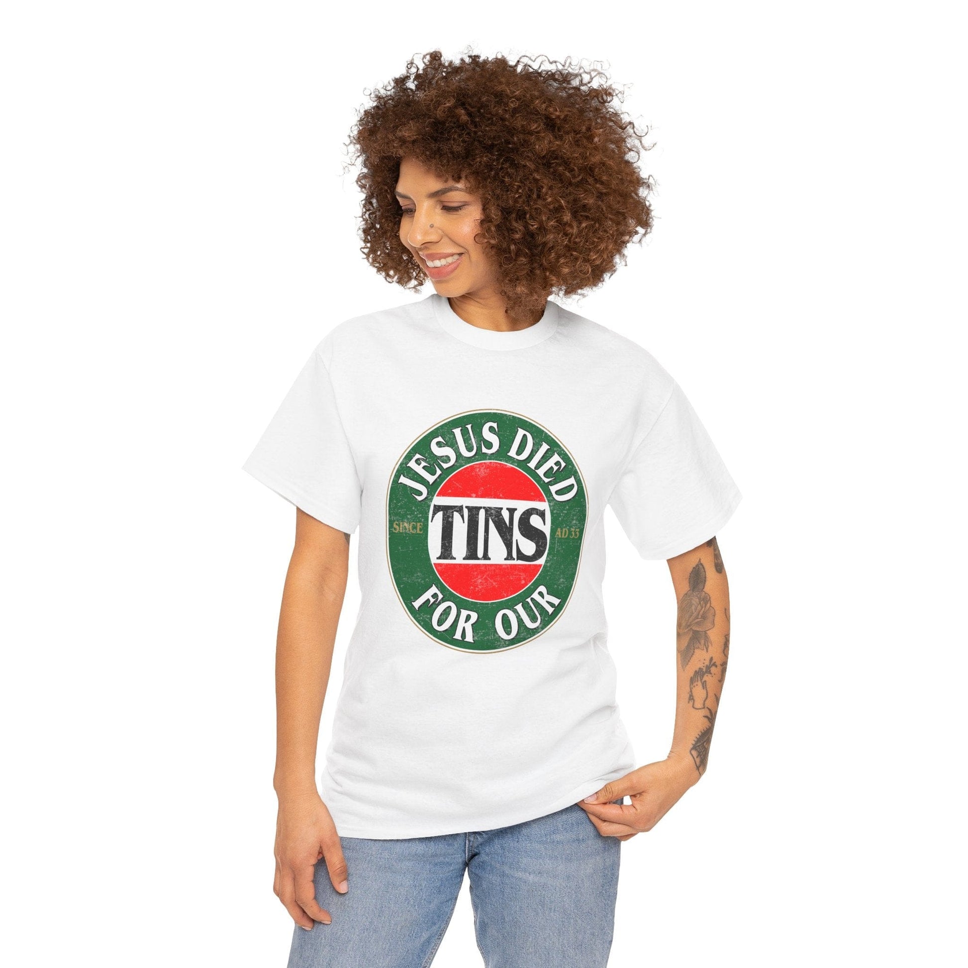 Jesus Died For Our Tins Graphic Tee Graphic Tees Australia Graphic T-Shirt Australia -  Cool Graphic T-Shirts Online -  Jesus Died For Our Tins T-Shirt | Funny Graphic T-Shirts Australia