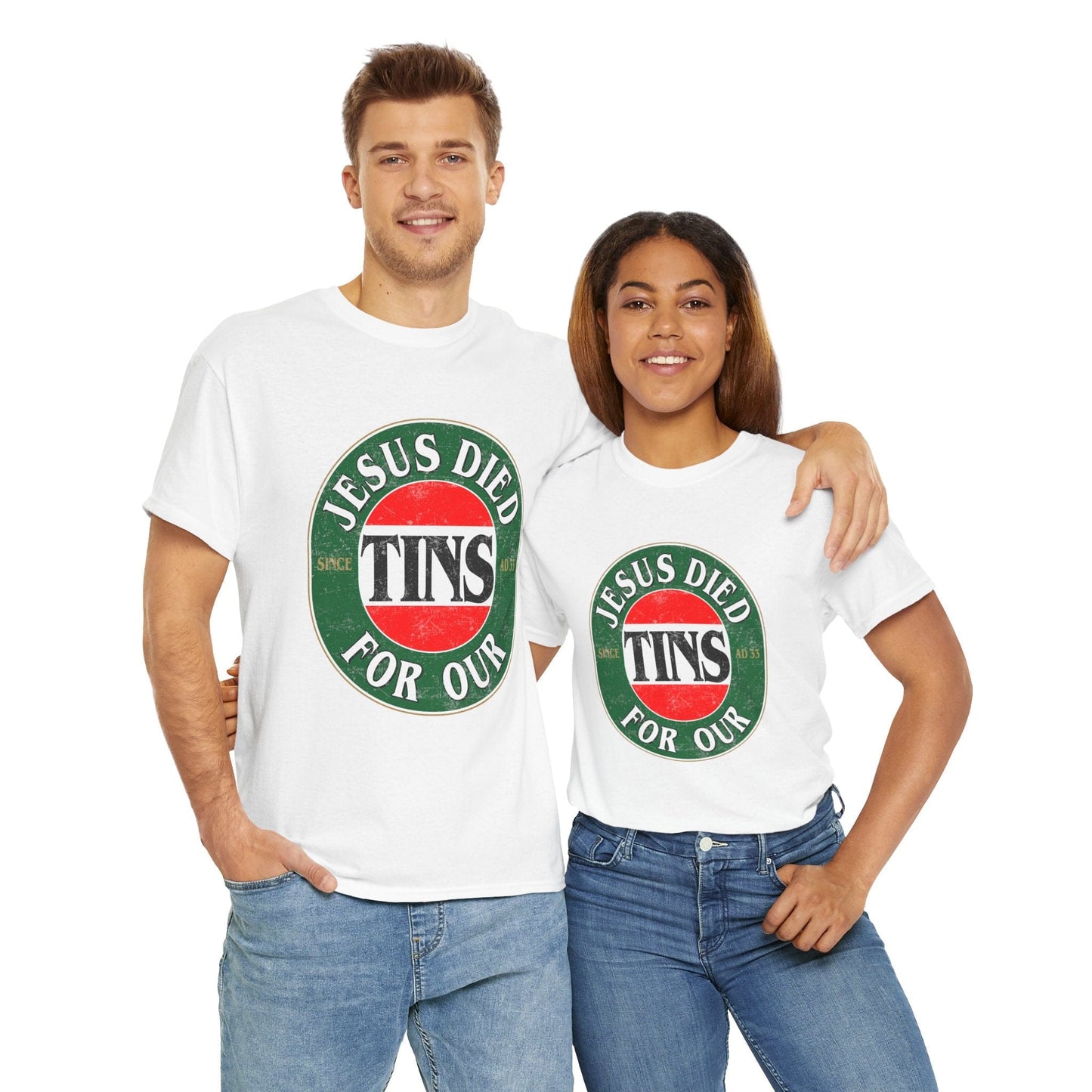 Jesus Died For Our Tins Graphic Tee Graphic Tees Australia Graphic T-Shirt Australia -  Cool Graphic T-Shirts Online -  Jesus Died For Our Tins T-Shirt | Funny Graphic T-Shirts Australia