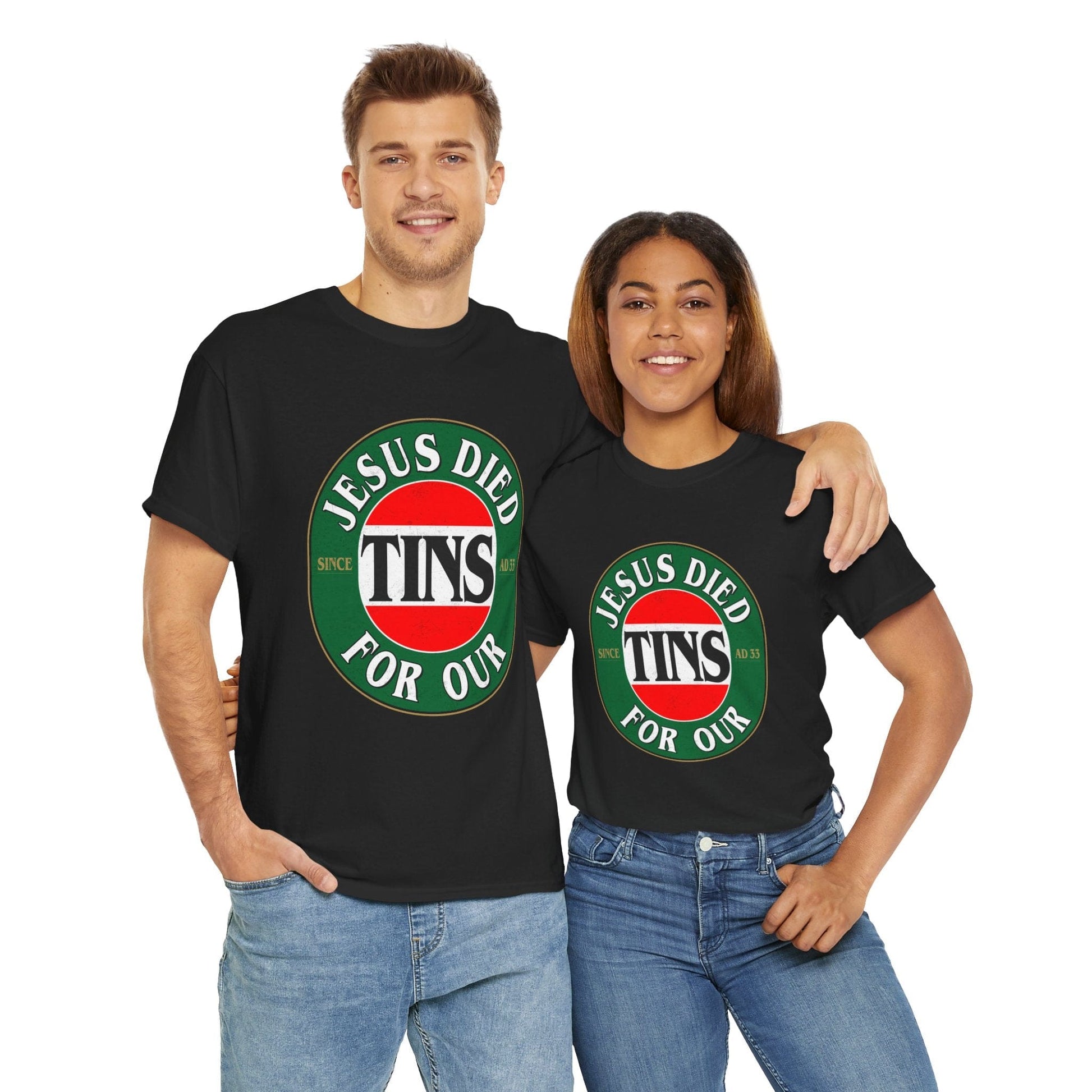 Jesus Died For Our Tins Graphic Tee Graphic Tees Australia Graphic T-Shirt Australia -  Cool Graphic T-Shirts Online -  Jesus Died For Our Tins T-Shirt | Funny Graphic T-Shirts Australia