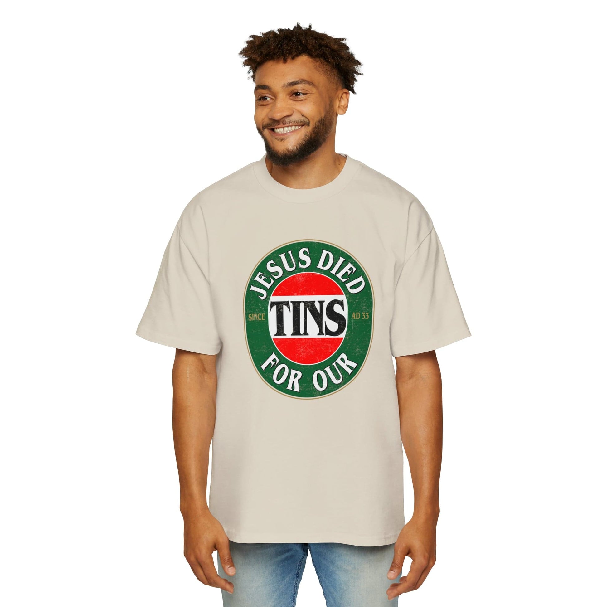 Jesus Died For Our Tins Oversized Tee Graphic Tees Australia Ecru / S Graphic T-Shirt Australia -  Cool Graphic T-Shirts Online - 