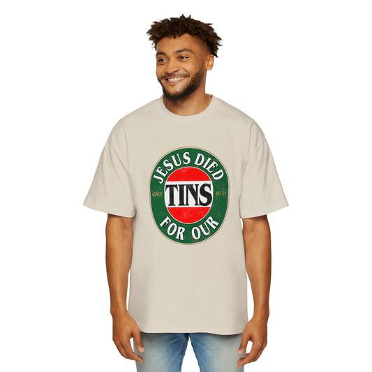 Jesus Died For Our Tins Oversized Tee Graphic Tees Australia Ecru / S Graphic T-Shirt Australia -  Cool Graphic T-Shirts Online - 