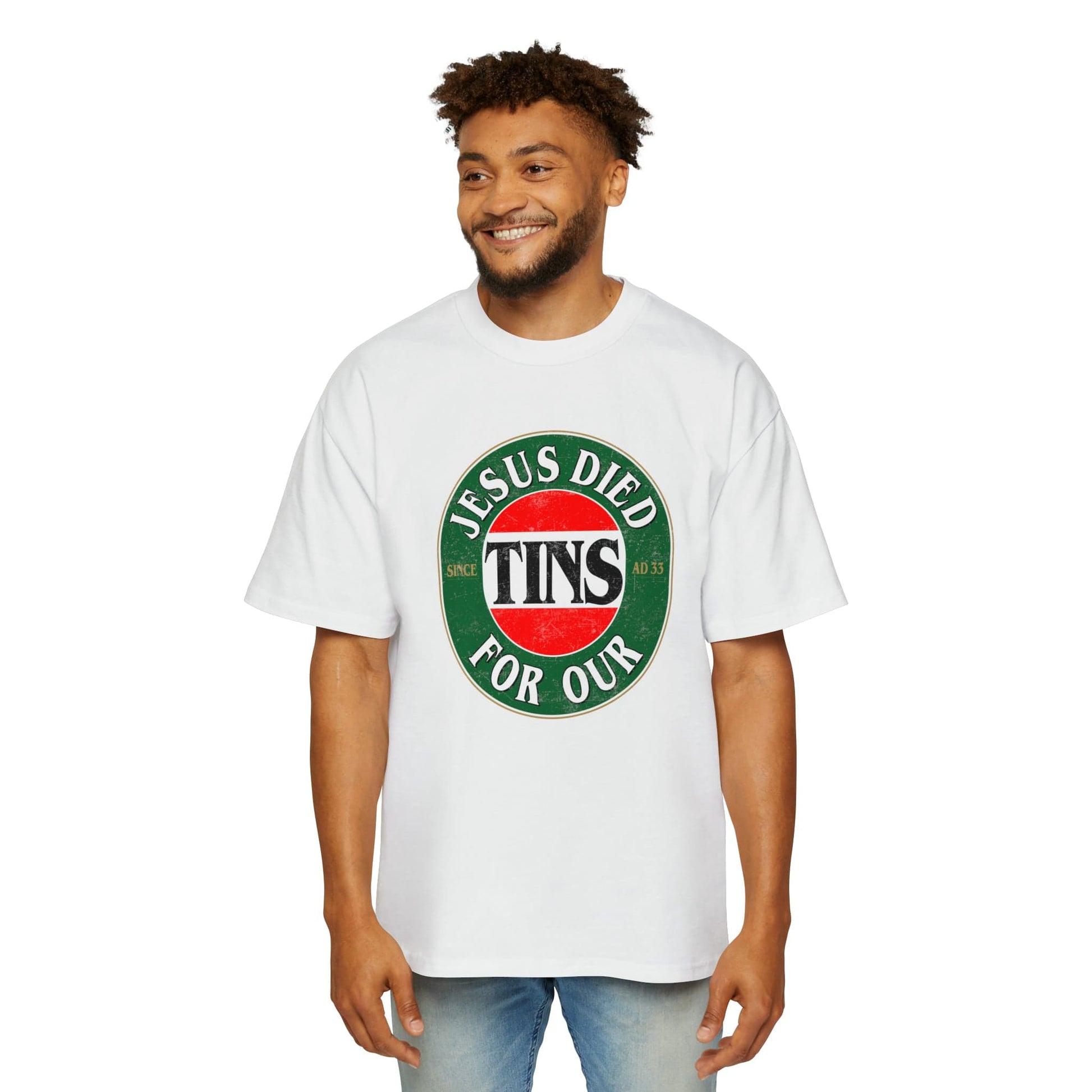 Jesus Died For Our Tins Oversized Tee Graphic Tees Australia White / S Graphic T-Shirt Australia -  Cool Graphic T-Shirts Online - 