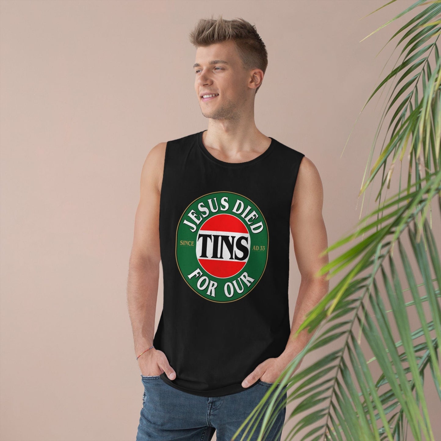 Jesus Died For Our Tins Tank Top Graphic Tees Australia Black / XS Graphic T-Shirt Australia -  Cool Graphic T-Shirts Online - 