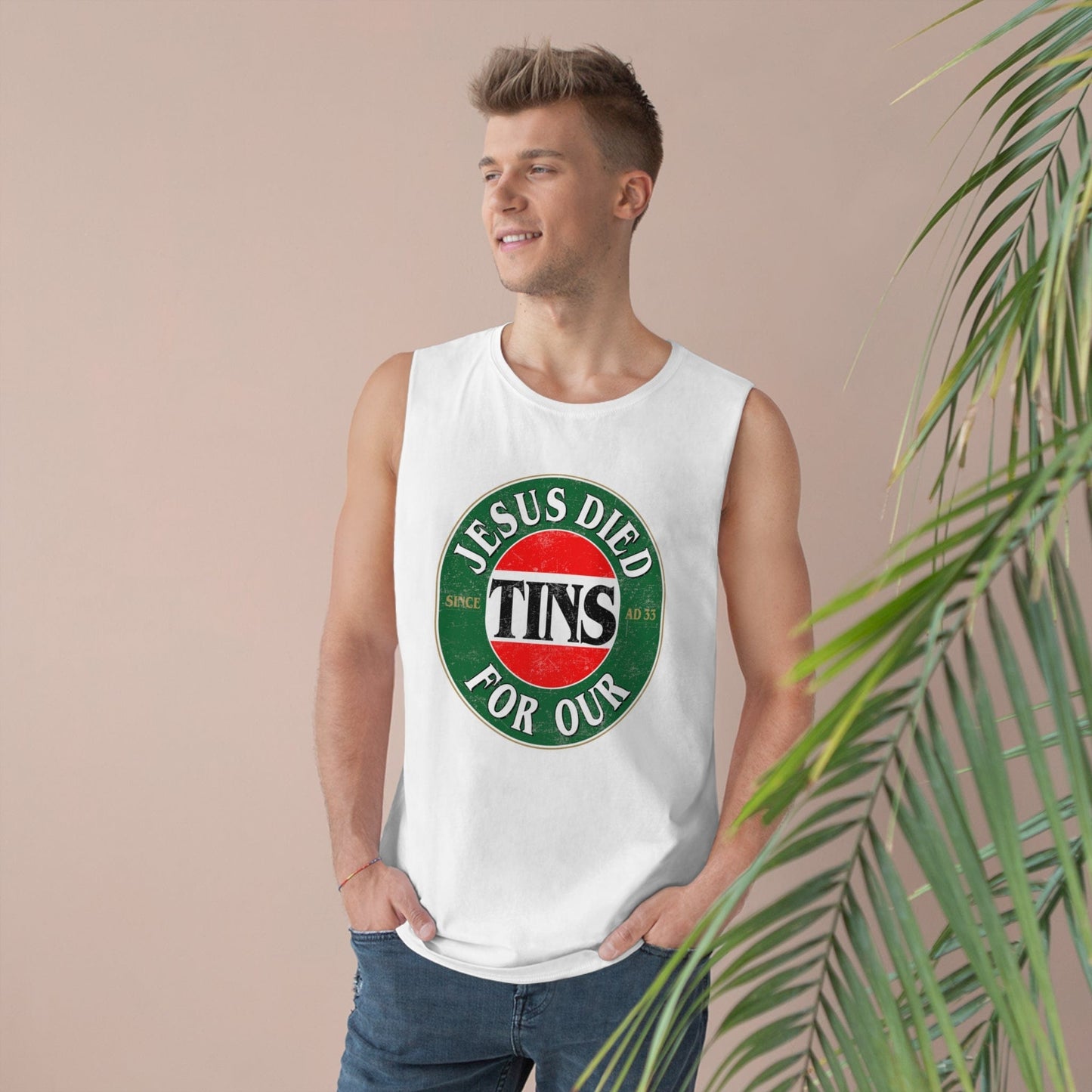 Jesus Died For Our Tins Tank Top Graphic Tees Australia White / XS Graphic T-Shirt Australia -  Cool Graphic T-Shirts Online - 