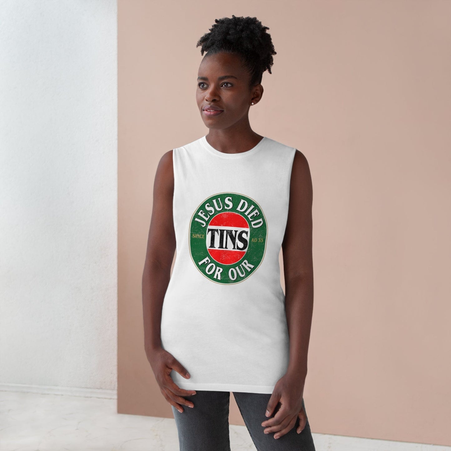 Jesus Died For Our Tins Tank Top Graphic Tees Australia Graphic T-Shirt Australia -  Cool Graphic T-Shirts Online - 