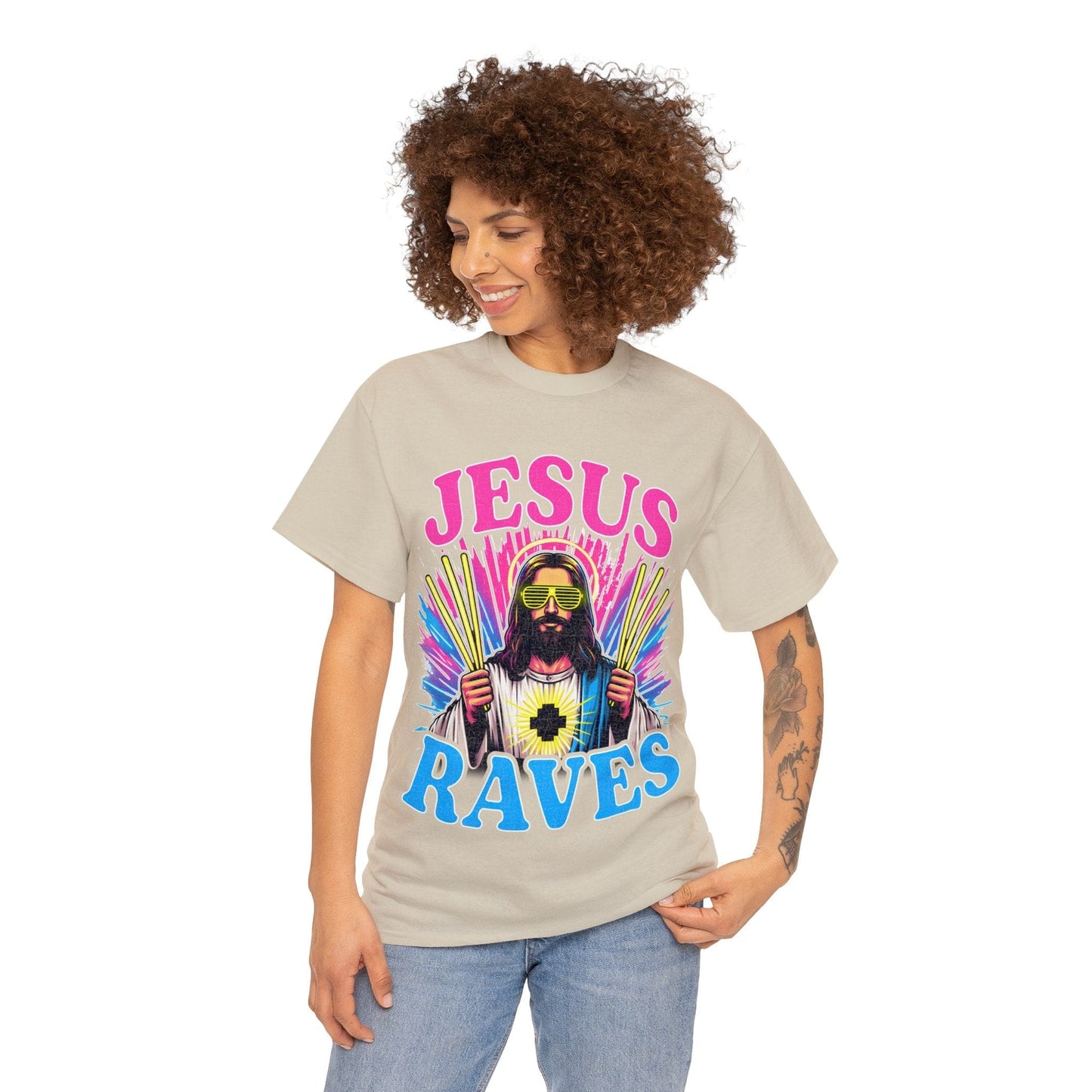 Jesus Raves Graphic Tee Graphic Tees Australia Sand / S Graphic T-Shirt Australia -  Cool Graphic T-Shirts Online -  Jesus Raves Graphic Tee | Jesus Graphic T-Shirts Australia