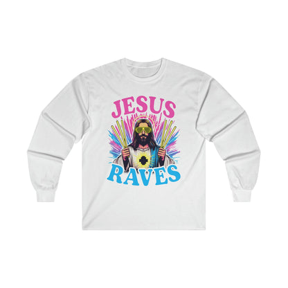 Jesus Raves Long Sleeve Graphic Tees Australia S / White Graphic T-Shirt Australia -  Cool Graphic T-Shirts Online -  Jesus Raves Long Sleeve | Funny Long Sleeve T-Shirts Australia