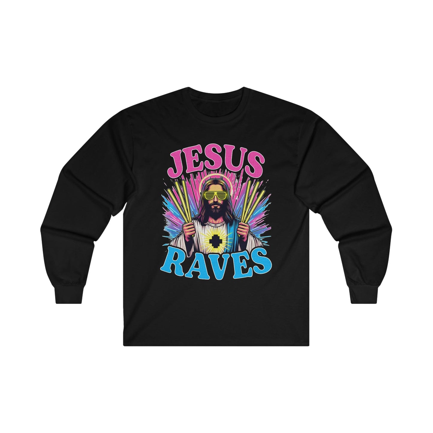 Jesus Raves Long Sleeve Graphic Tees Australia S / Black Graphic T-Shirt Australia -  Cool Graphic T-Shirts Online -  Jesus Raves Long Sleeve | Funny Long Sleeve T-Shirts Australia