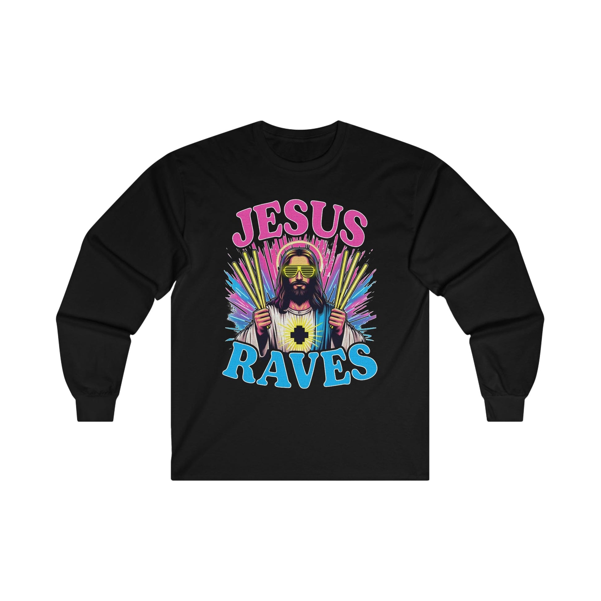 Jesus Raves Long Sleeve Graphic Tees Australia S / Black Graphic T-Shirt Australia -  Cool Graphic T-Shirts Online -  Jesus Raves Long Sleeve | Funny Long Sleeve T-Shirts Australia