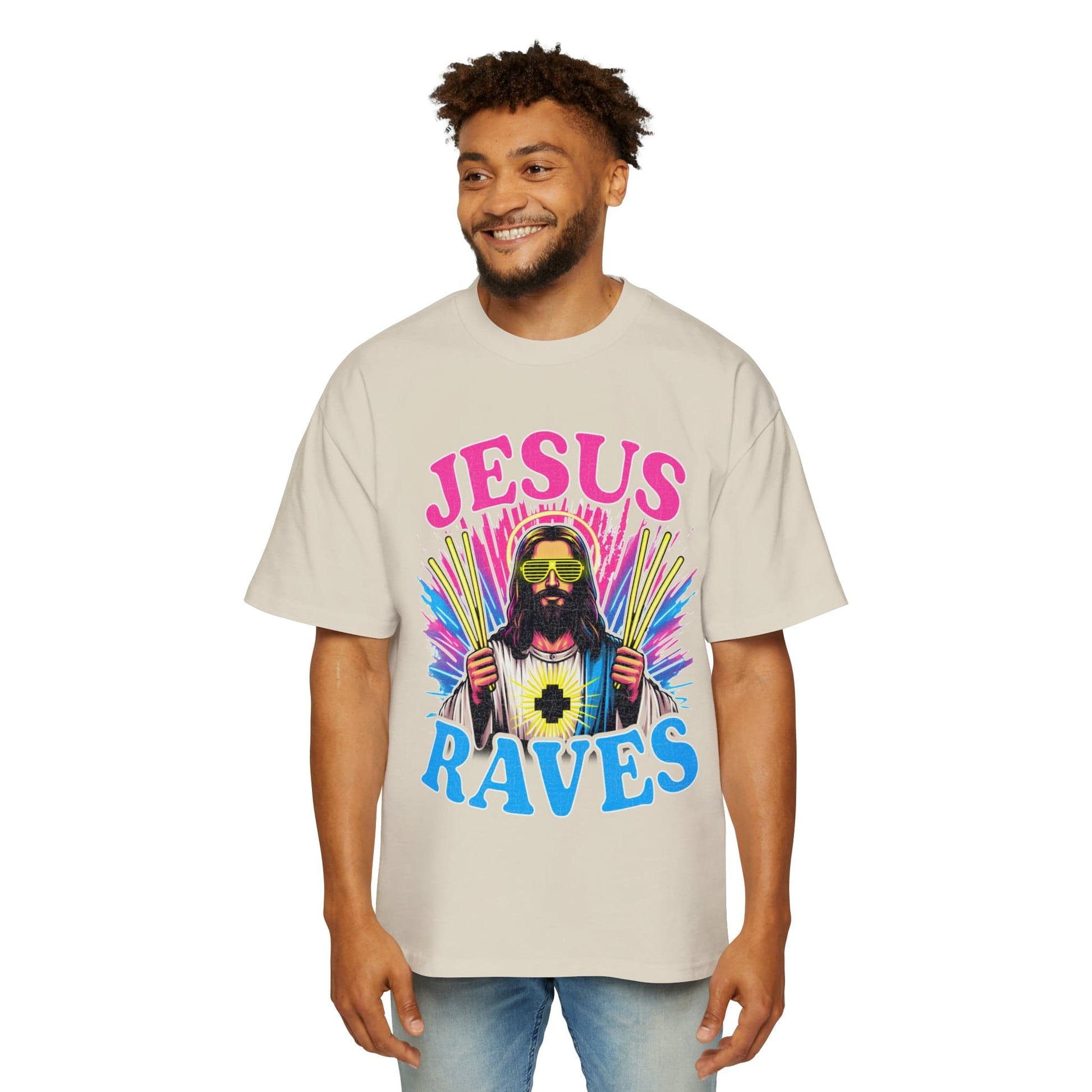 Jesus Raves Oversized Tee Graphic Tees Australia Ecru / S Graphic T-Shirt Australia -  Cool Graphic T-Shirts Online -  Jesus Raves Oversized Tee | Funny Oversized T-Shirts