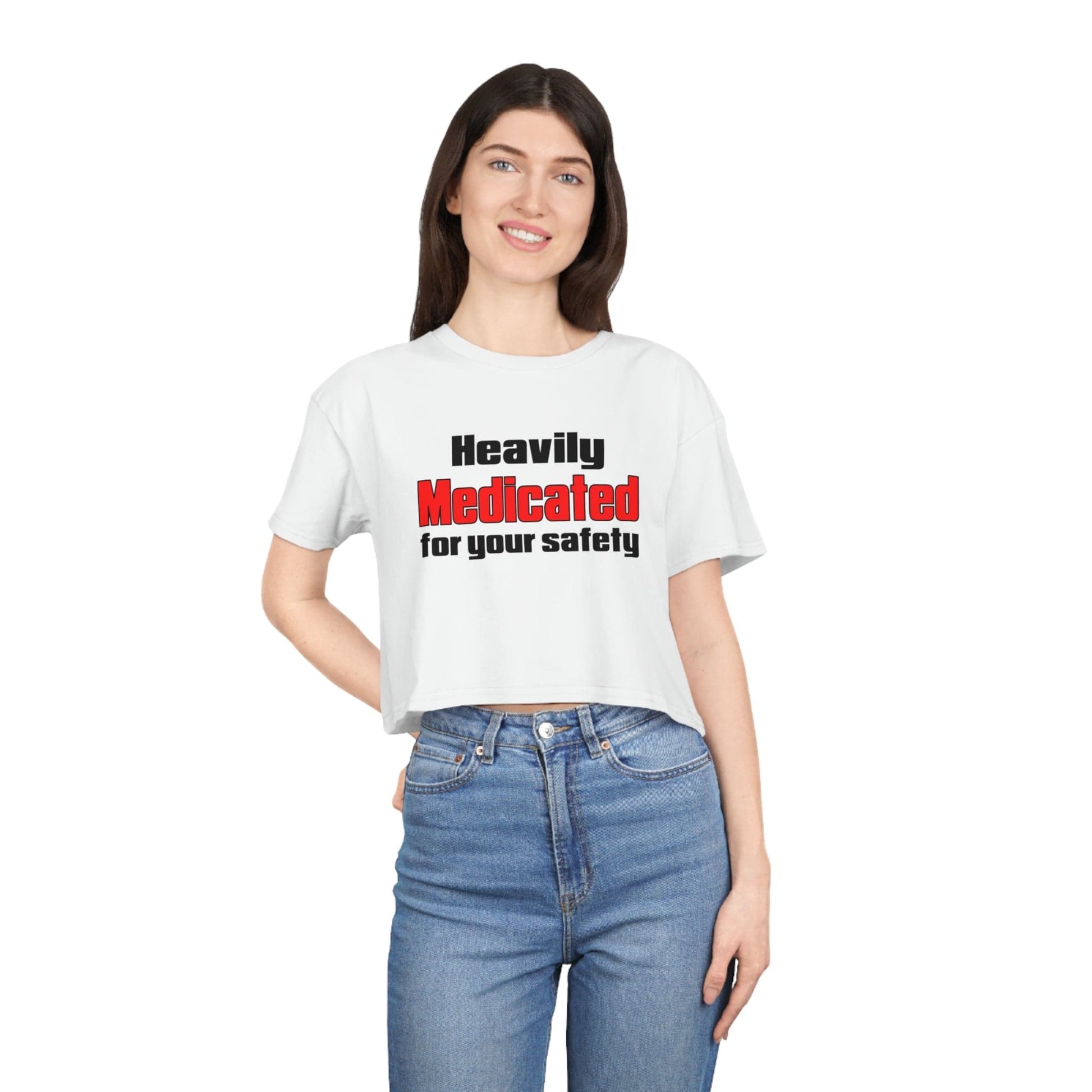 Medicated For Your Safety Crop Tee Graphic Tees Australia White / XS Graphic T-Shirt Australia -  Cool Graphic T-Shirts Online - 