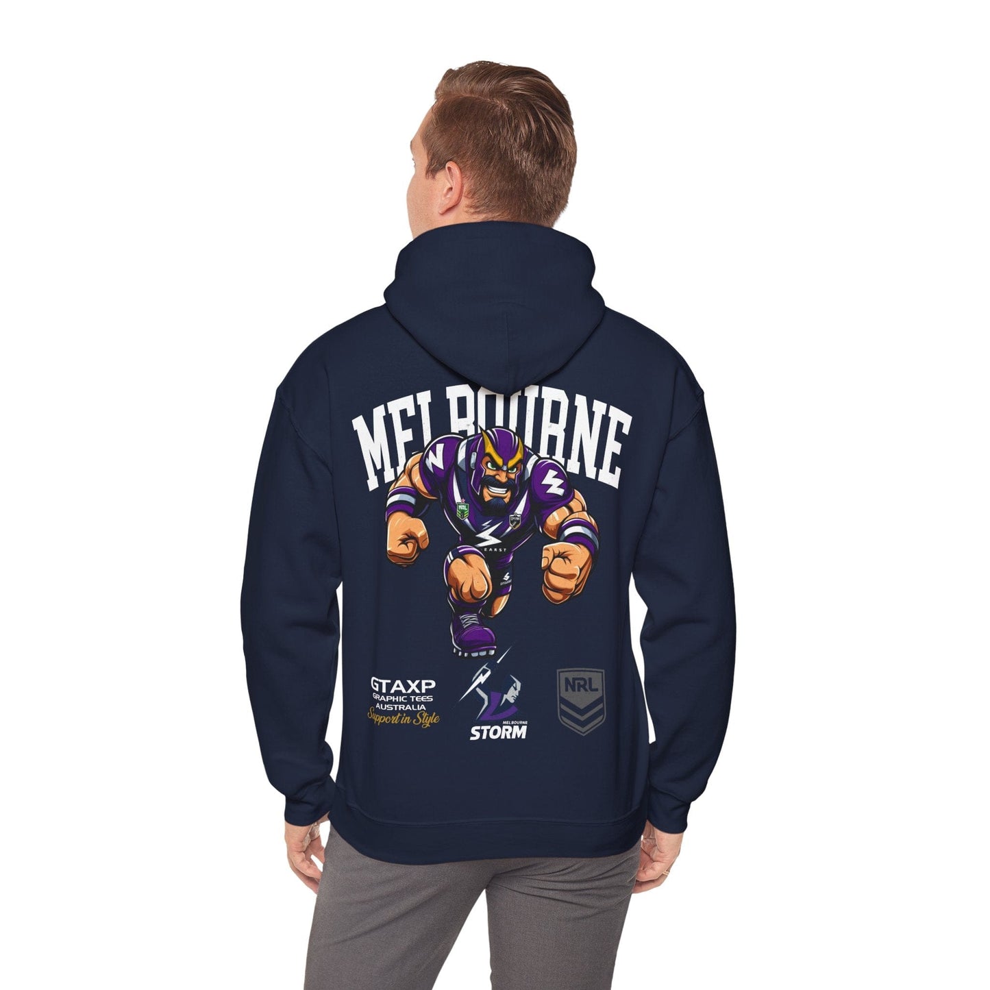 Melbourne Storm Storm-Man Hoodie Printify Navy / S Graphic T-Shirt Australia -  Cool Graphic T-Shirts Online - 