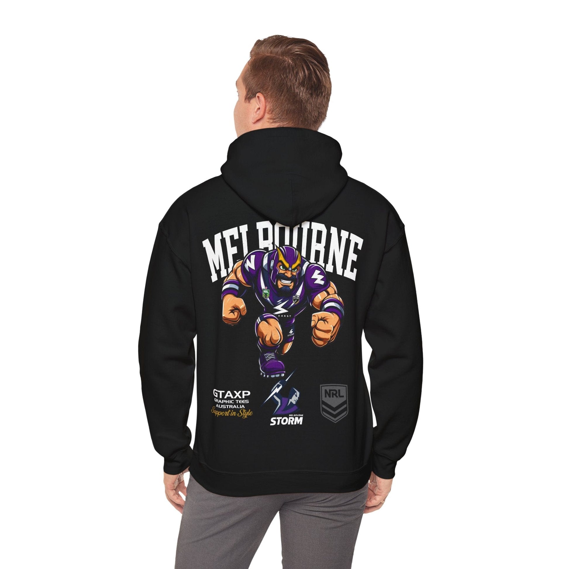 Melbourne Storm Storm-Man Hoodie Printify Black / S Graphic T-Shirt Australia -  Cool Graphic T-Shirts Online - 