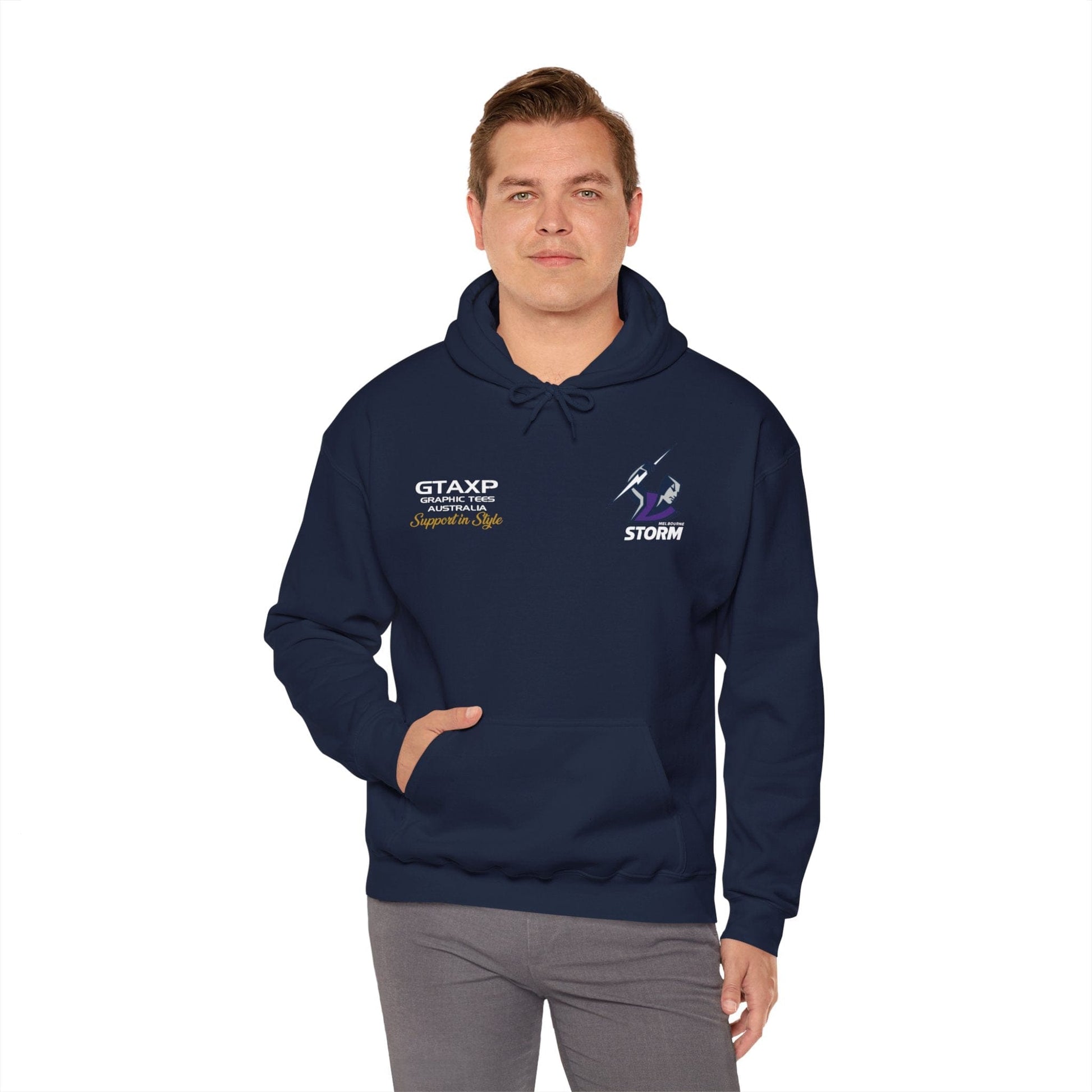 Melbourne Storm Storm-Man Hoodie Printify Graphic T-Shirt Australia -  Cool Graphic T-Shirts Online - 