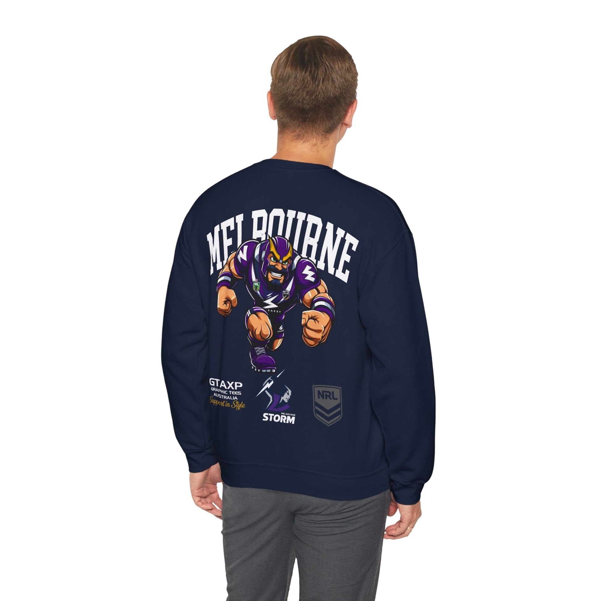 Melbourne Storm Storm-Man Jumper Graphic Tees Australia Graphic T-Shirt Australia -  Cool Graphic T-Shirts Online -  Melbourne Storm Storm-Man Jumper | Melbourne Storm Crew Sweater