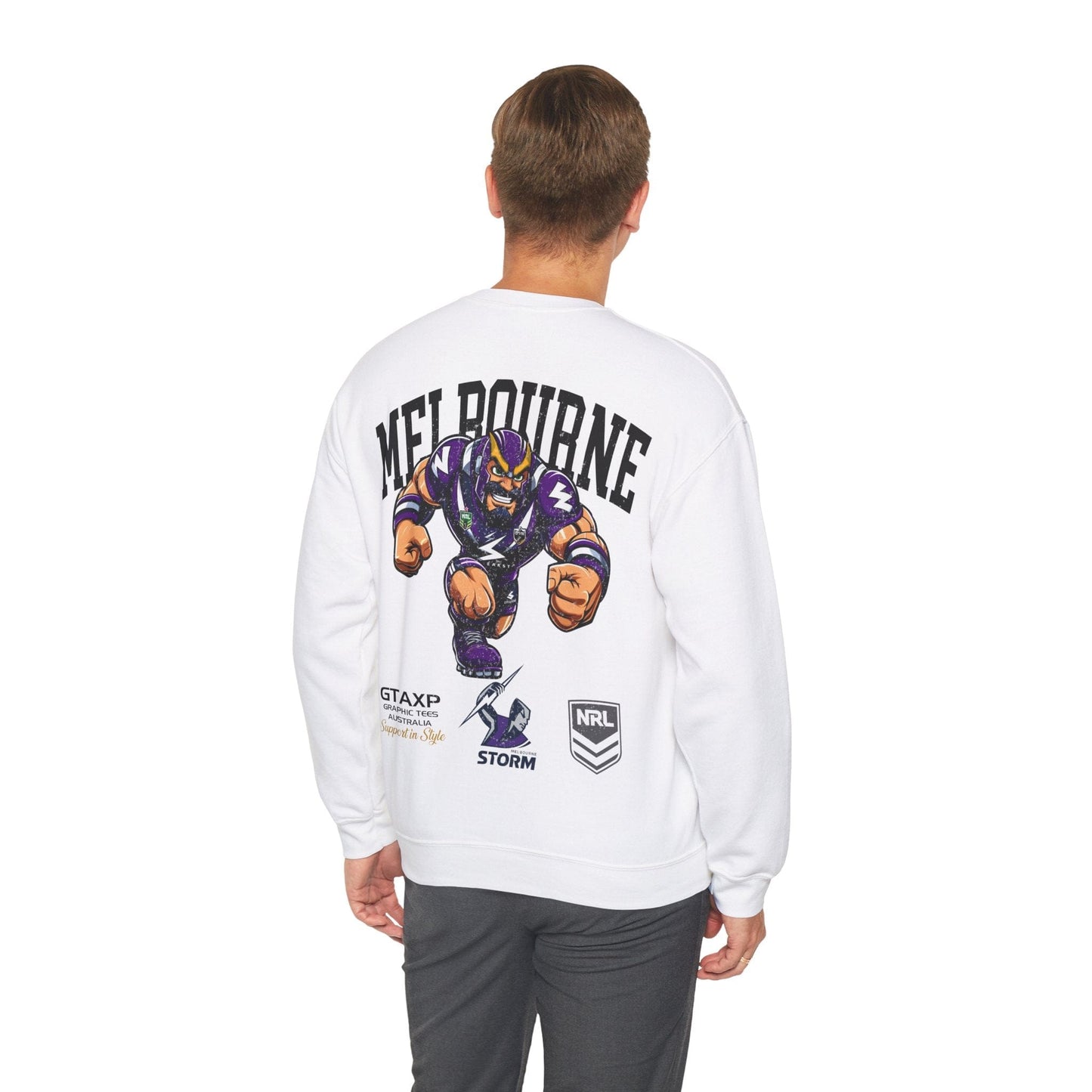 Melbourne Storm Storm-Man Jumper Graphic Tees Australia White / S Graphic T-Shirt Australia -  Cool Graphic T-Shirts Online -  Melbourne Storm Storm-Man Jumper | Melbourne Storm Crew Sweater