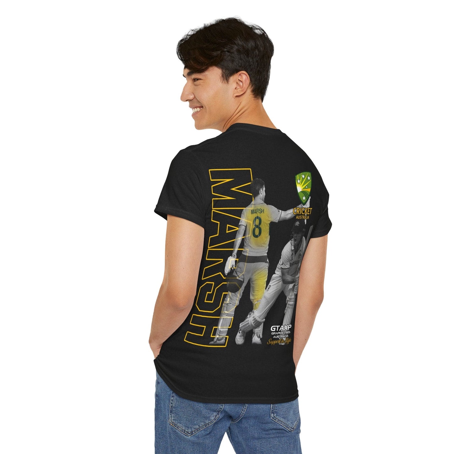 Mitch Marsh T20 World Cup Graphic Tee Graphic Tees Australia Graphic T-Shirt Australia -  Cool Graphic T-Shirts Online -  Mitch Marsh T20 World Cup T-Shirt | Cricket Australia Merchandise