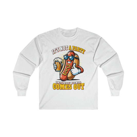 Not A Party Until The Wiener Comes Out Long Sleeve Graphic Tees Australia S / White Graphic T-Shirt Australia -  Cool Graphic T-Shirts Online - 