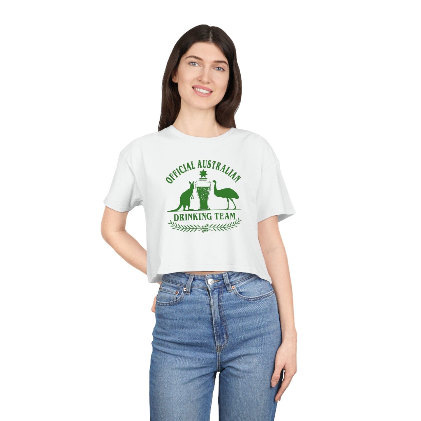 Official Australian Drinking Team Crop Tee Graphic Tees Australia White / XS Graphic T-Shirt Australia -  Cool Graphic T-Shirts Online - 