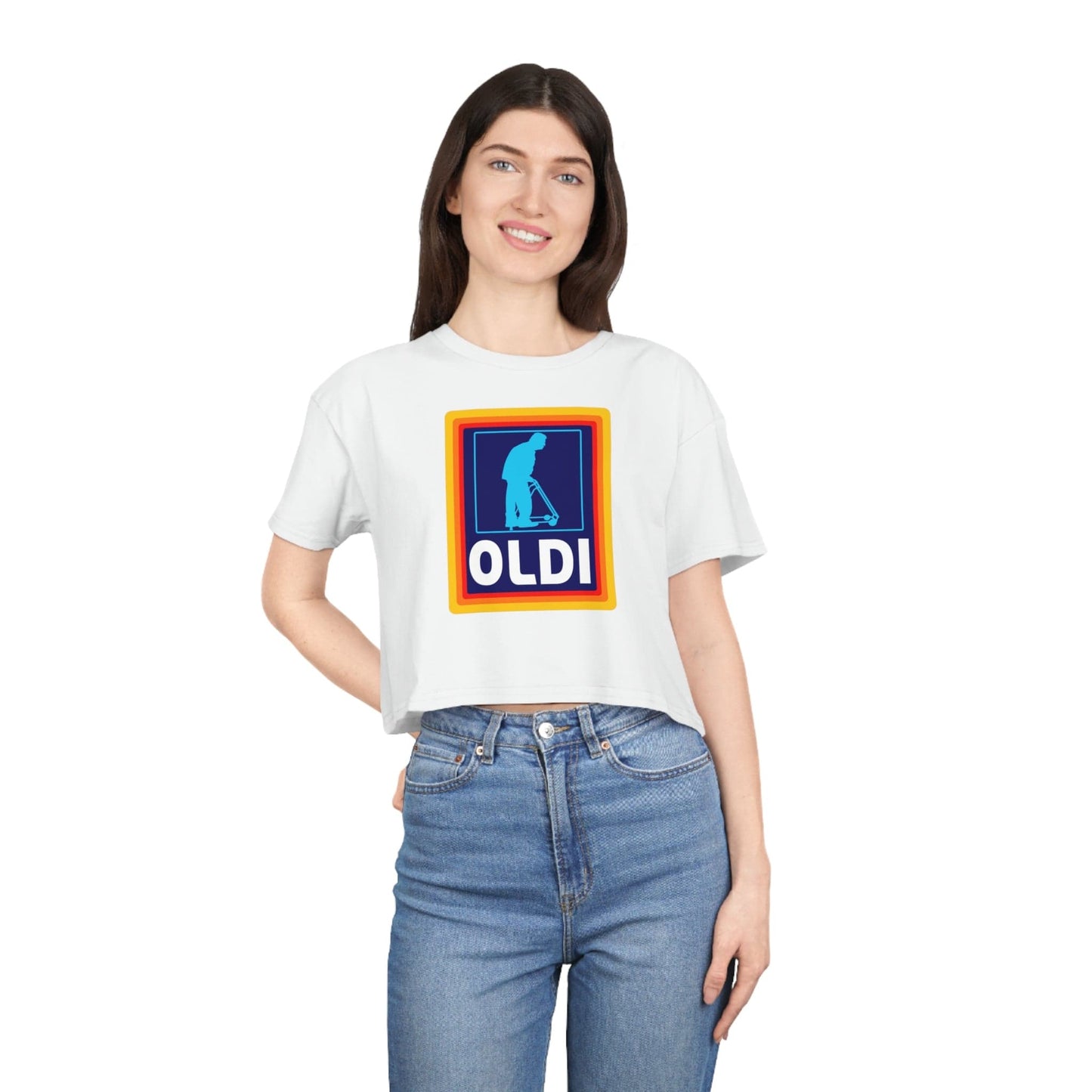 Oldi Aldi Crop Tee Graphic Tees Australia White / XS Graphic T-Shirt Australia -  Cool Graphic T-Shirts Online -  Oldi Aldi Crop Tee | Graphic Crop Tee Australia