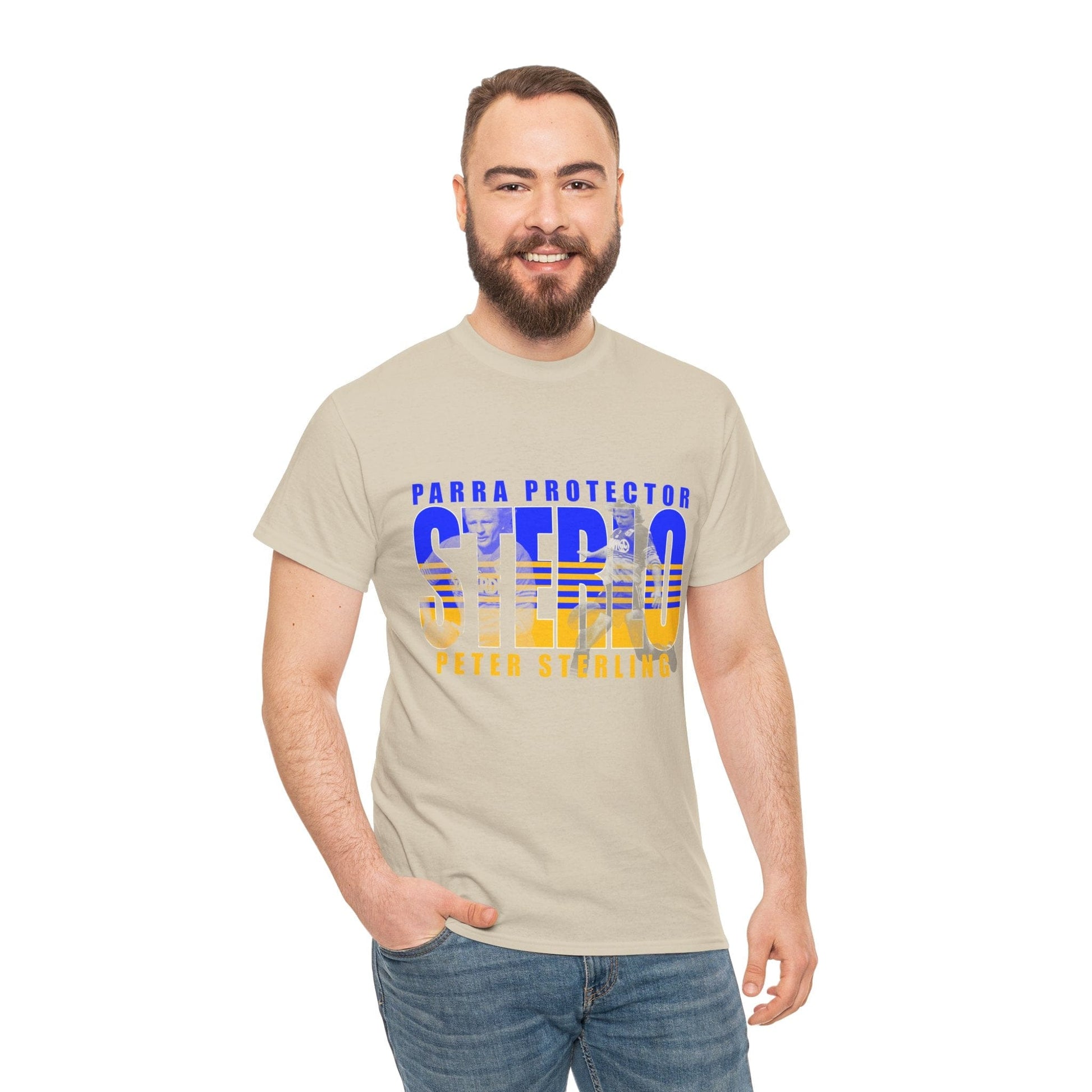 Peter Sterling Sterlo Graphic Tee Graphic Tees Australia Sand / S Graphic T-Shirt Australia -  Cool Graphic T-Shirts Online -  Peter Sterling Sterlo T-Shirt | Retro Parramatta Eels Merchandise