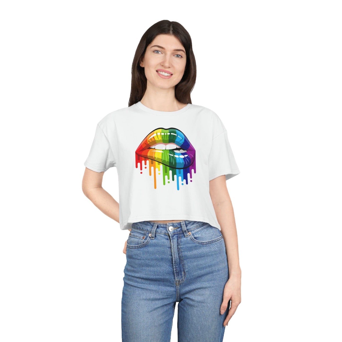 Rainbow Pride Lips Crop Tee Graphic Tees Australia White / XS Graphic T-Shirt Australia -  Cool Graphic T-Shirts Online -  Rainbow Pride Lips Crop Tee | Womens Pride T-Shirts Australia