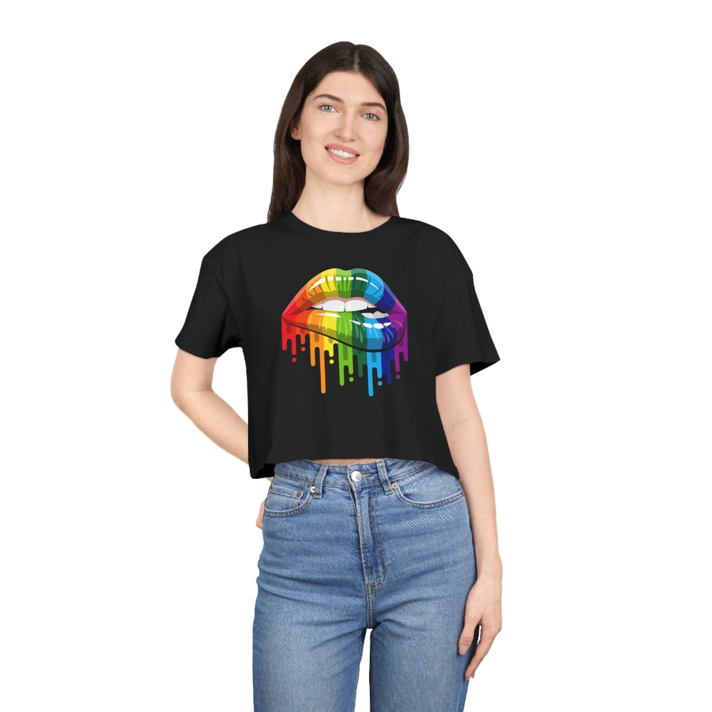 Rainbow Pride Lips Crop Tee Graphic Tees Australia Black / XS Graphic T-Shirt Australia -  Cool Graphic T-Shirts Online -  Rainbow Pride Lips Crop Tee | Womens Pride T-Shirts Australia