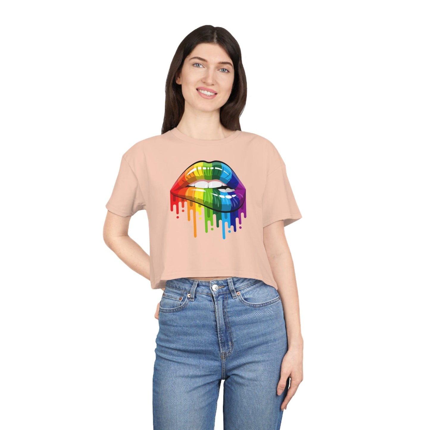 Rainbow Pride Lips Crop Tee Graphic Tees Australia Pale Pink / XS Graphic T-Shirt Australia -  Cool Graphic T-Shirts Online -  Rainbow Pride Lips Crop Tee | Womens Pride T-Shirts Australia