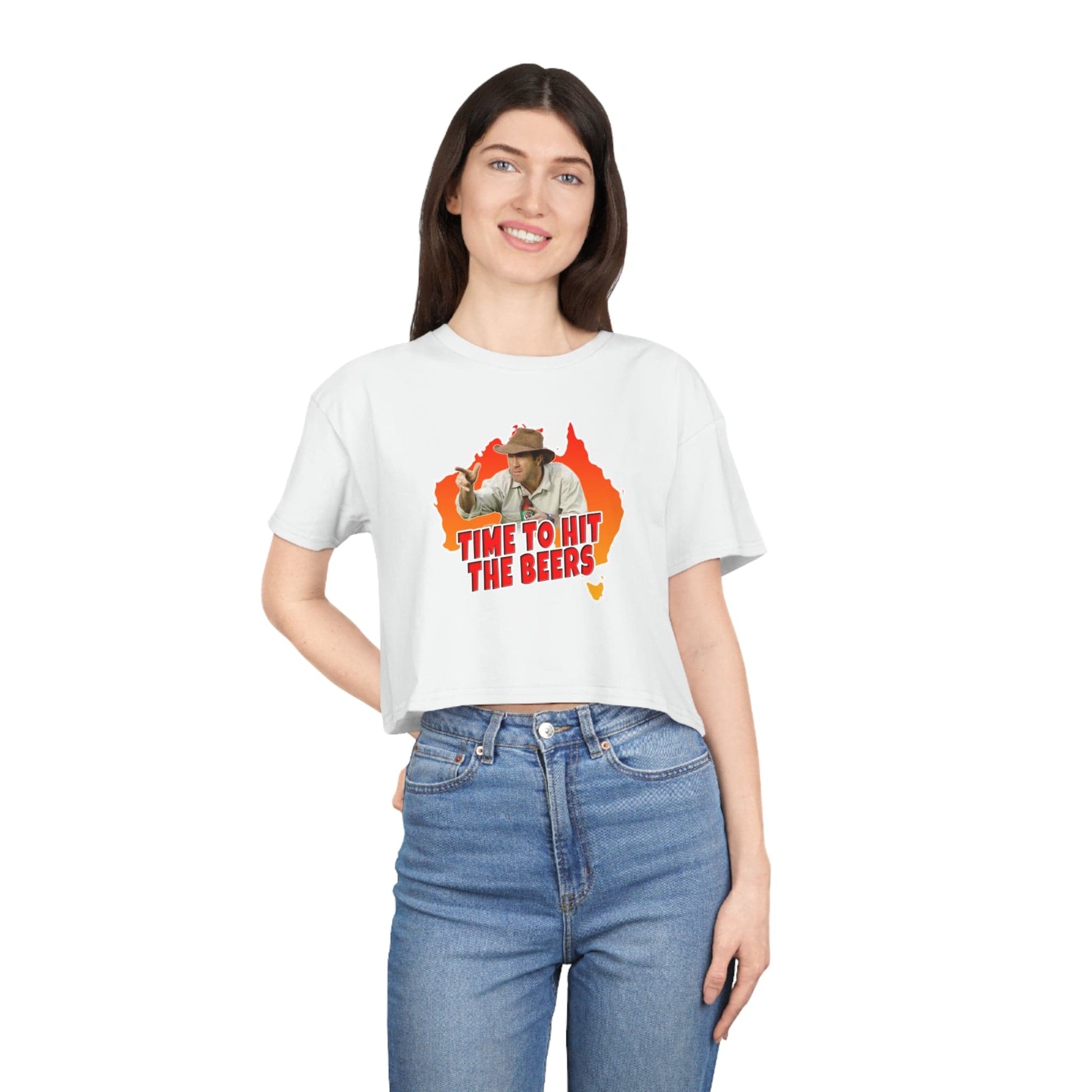 Russell Coight Time To Hit The Beers Crop Tee Graphic Tees Australia White / XS Graphic T-Shirt Australia -  Cool Graphic T-Shirts Online - 