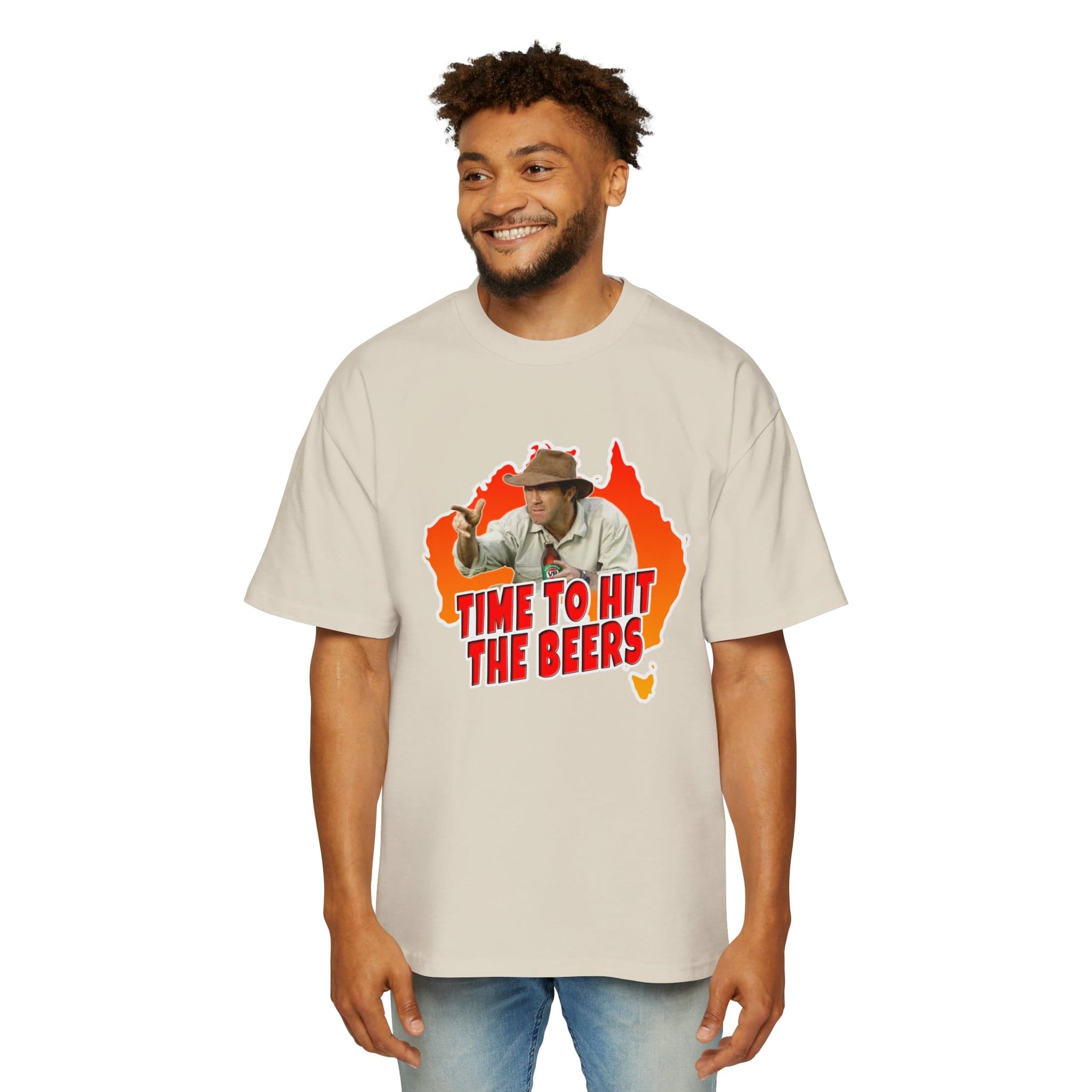 Russell Coight Time To Hit The Beers Oversized Tee Graphic Tees Australia Ecru / S Graphic T-Shirt Australia -  Cool Graphic T-Shirts Online - 