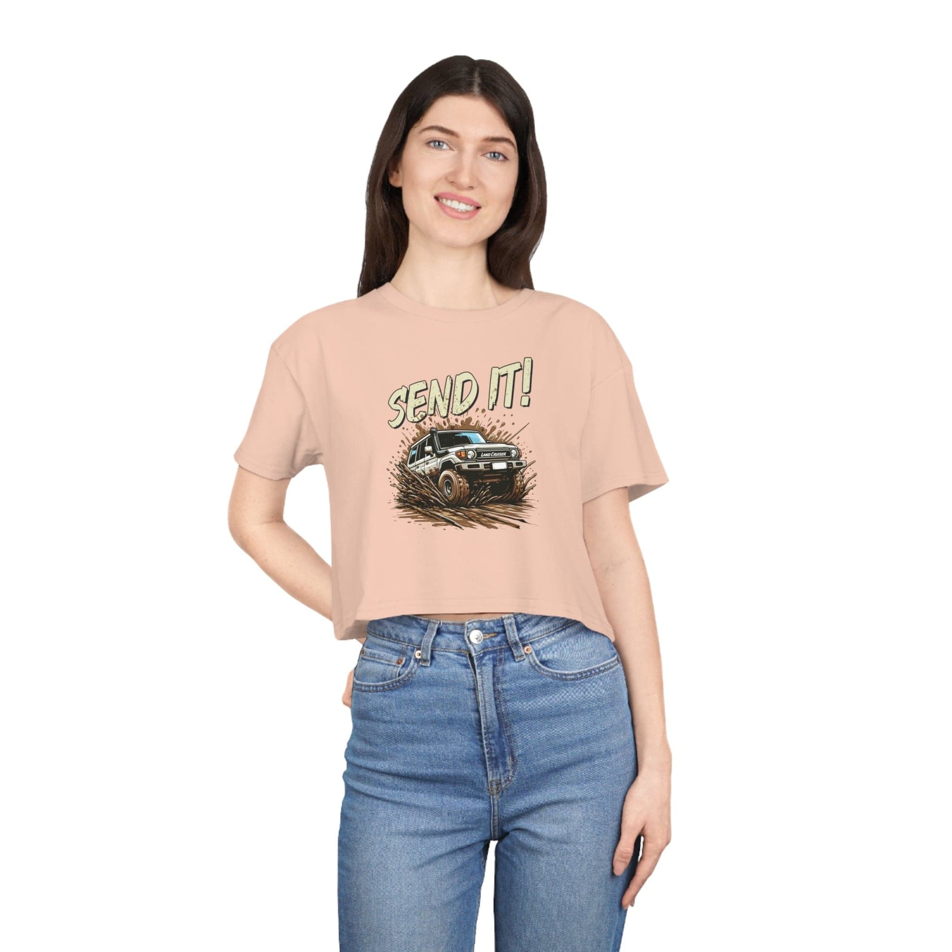 Send It! Landcruiser Crop Tee Graphic Tees Australia Pale Pink / XS Graphic T-Shirt Australia -  Cool Graphic T-Shirts Online -  Send It! Landcruiser Crop Tee | Womens 4wd T-Shirts Australia