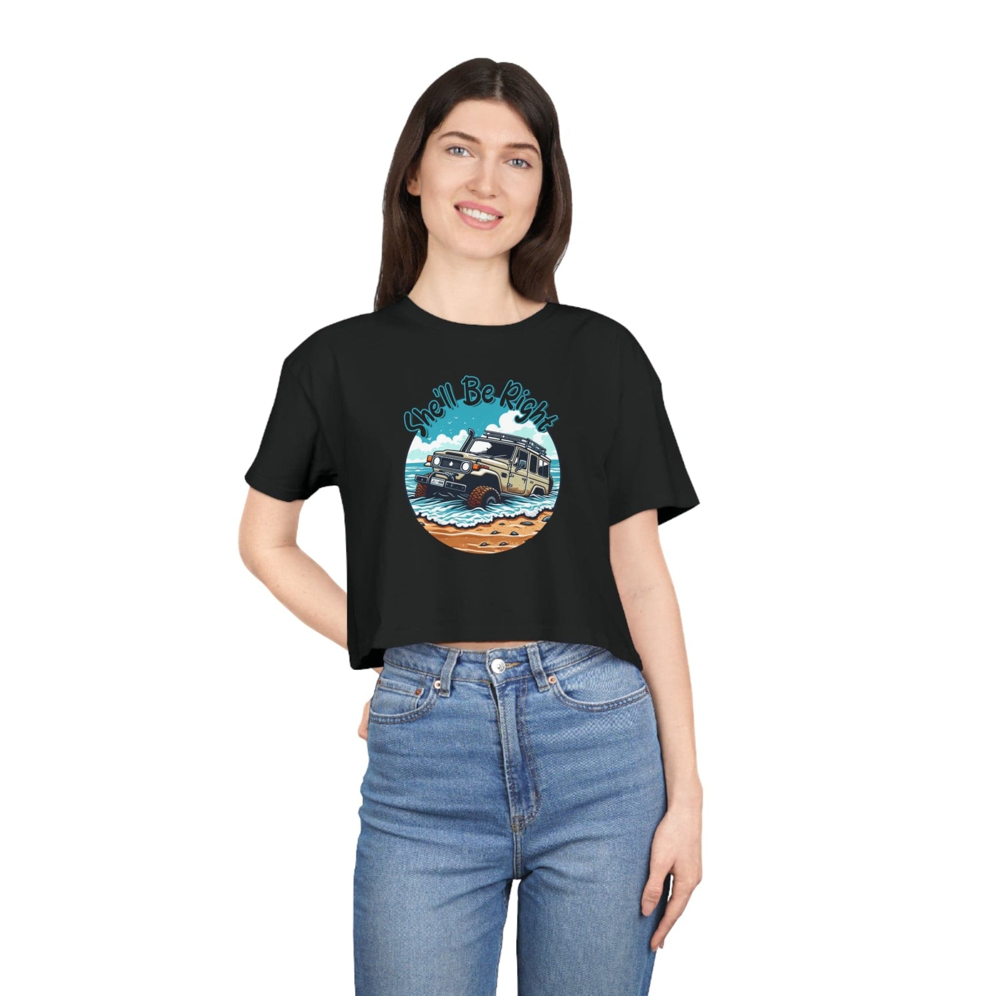 She'll Be Right Landcruiser Crop Tee Graphic Tees Australia Black / XS Graphic T-Shirt Australia -  Cool Graphic T-Shirts Online - 