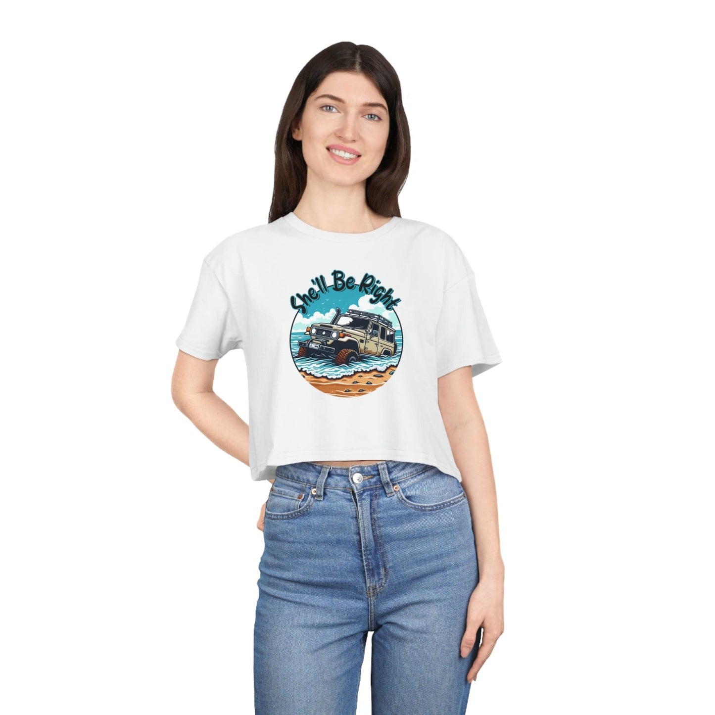 She'll Be Right Landcruiser Crop Tee Graphic Tees Australia White / XS Graphic T-Shirt Australia -  Cool Graphic T-Shirts Online - 