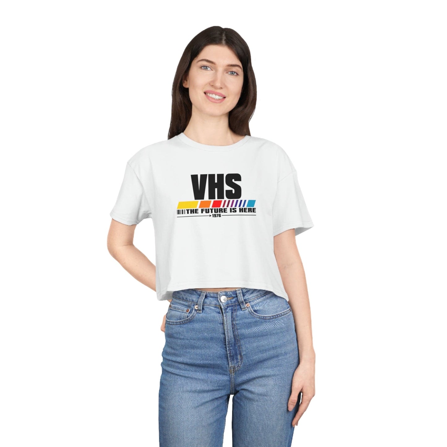 VHS - The Future Is Now Crop Tee Graphic Tees Australia White / XS Graphic T-Shirt Australia -  Cool Graphic T-Shirts Online - 